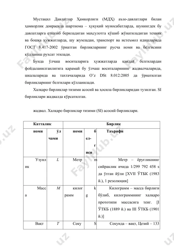 ар тизими асосий ва ҳосила бирликларидан тузилган. si бирликлари жадвалда кўрсатилган. жадвал. халқаро бирликлар тизими (si) асосий бирликлари. катталик бирлик номи ўлчами номи бел- гиси таърифи узунлик l метр m метр – ёруғликнинг сийраклик ичида 1/299 792 458 s да ўтган йўли [xvii ўтбк (1983 й.), 1 резолюция] масса m килограмм kg килограмм – масса бирлиги бўлиб, килограммнинг халқаро прототипи массасига тенг. [i ўткб (1889 й.) ва iii ўткб (1901 й.)] вақт t секунда s секунда – вақт, цезий – 133 атоми асосий ҳолати иккита ўтаюпқа даражалари ўртасида ўтишга мос келадиган 9 192 631 770 нурланиш даврига тенг вақт.- [xiii ўтбк (1967 й.), 1 резолюция] электр токи (электр токининг кучи) i ампер a ампер ўзгармас ток кучи, бирбиридан 1 m оралиқда вакуумда жойлашган, жуда кичик айлана кесимли параллел иккита тўғри чизиқли чексиз узунликдаги симдан ўтганда ўтказгичнинг ҳар 1 m учаскасида 2·10-7 n га тенг ўзаро таъсир кучини ҳосил қила оладиган …