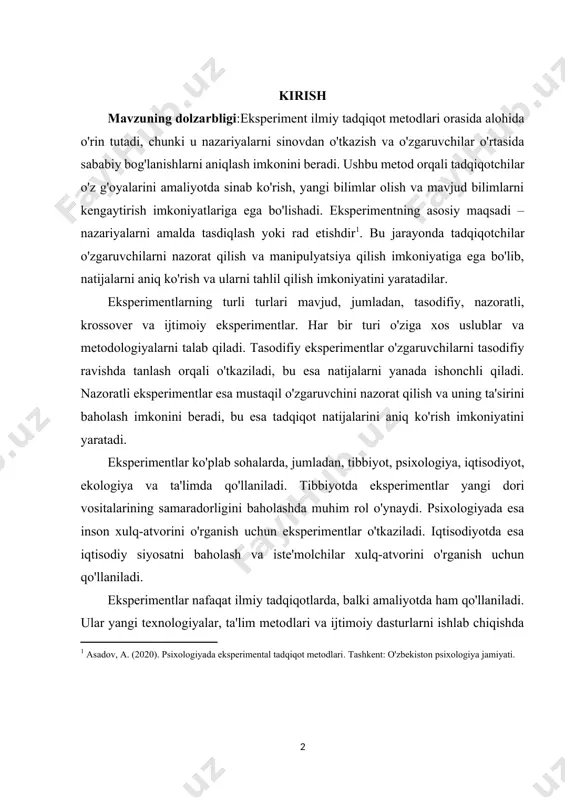 bbiyotda eksperimentlar yangi dori vositalarining samaradorligini baholashda muhim rol o'ynaydi. psixologiyada esa inson xulq-atvorini o'rganish uchun eksperimentlar o'tkaziladi. iqtisodiyotda esa iqtisodiy siyosatni baholash va iste'molchilar xulq-atvorini o'rganish uchun qo'llaniladi. eksperimentlar nafaqat ilmiy tadqiqotlarda, balki amaliyotda ham qo'llaniladi. ular yangi texnologiyalar, ta'lim metodlari va ijtimoiy dasturlarni ishlab chiqishda muhim vosita hisoblanadi. natijada, eksperimentlar ilmiy tadqiqot jarayonida innovatsiyalarni amalga oshirish va jamiyat rivojlanishida muhim ahamiyatga ega. ular yordamida tadqiqotchilar o'z nazariyalarini sinovdan o'tkazib, yangi bilimlar oladilar va mavjud bilimlarni takomillashtirish imkoniga ega bo'lishadi. shu sababli, eksperiment ilmiy tadqiqot metodining muhim qismi bo'lib, uning ko'plab sohalardagi amaliy qo'llanilishi ilm-fanning rivojlanishiga hissa qo'shadi. eksperimentlar orqali olingan natijalar doimiy ravishda yangi kashfiyotlar va innovatsiyalarni amalga oshirishga yordam beradi, bu esa insoniyat taraqqiyotida muhim rol o'ynaydi. kurs ishining maqsadi: eksperiment ilmiy tadqiqot metodining maqsadi o'zgaruvchilar o'rtasidagi sababiy bog'lanishlarni aniqlash va nazariyalarni sinovdan o'tkazishdir. bu metod orqali tadqiqotchilar o'z g'oyalarini amaliyotda sinovdan o'tkazib, yangi bilimlar olish, mavjud …