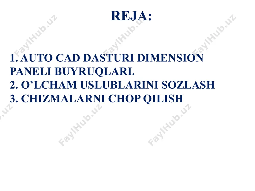 6 7 8 8. bu buyruq chiziqlar orasidagi barchа chiziqlar orasidagi o’lchamni aks ettirish uchun ishlatiladi. buyruqni tanlab chiziqlar tanlanadi, enter va ma’lum masofaga qo’yiladi. qdim-klaviaturadan dimension paneli ordinate buyrug’i 1. 2. 3. 7 8 11. bu buyruq ishchi oynada ko’rsatilgan nuqtani koordinasini aniqlaydi. x va y o’qlar bo’yicha. 11. dimension paneli baseline buyrug’i 1. 2. 3. 7 8 12. bu buyruq chizmada bazaviy nuqta bo’yicha qolgan o’lchamlarni aniqlaydi. 11. 12. 13. dimension paneli continue buyrug’i 1. 2. 3. 7 8 13. bu buyruq chizmada parallel chiziqlarni ketma-ket o’lchamlarini aniqlaydi. boshlang’ich o’lcham asosida davomettiriladi. 11. 12. 13. dimension style (d-probel) lines symbols and arrows text primary units chizmalarni chop qilish auto cad dasturida chizmalarni chop qilish uchun (ctrl+p) tugmalari bosiladi. 1. window buyrug’i orqali chop qilinadigan soha ko’rsatiladi. 2. chizmani qog’ozda joylashishi ko’rsatiladi. 3. oynadan qog’oz o’lchami tanlanadi. 4. qog’ozda to’liq yoki to’liqmas joylashishi ko’rsatiladi. 5. printer tanlanadi yoki rasm …