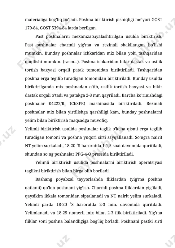 ). poshna ichkaridan bikir dastak va ustlik tortish baxyasi orqali patak tomonidan biriktiriladi. tashqaridan poshna erga tegilib turadigan tomonidan biriktiriladi. bunday usulda biriktirilganda mix poshnadan o’tib, ustlik tortish baxyasi va bikir dastak orqali o’tadi va patakga 2-3 mm qayriladi. barcha ko’rinishdagi poshnalar 04222/r1 (chsfr) mashinasida biriktiriladi. rezinali poshnalar mix bilan yirtilishga qarshiligi kam, bunday poshnalarni yelim bilan biriktirish maqsadga muvofiq. yelimli biriktirish usulida poshnalar taglik o’kcha qismi erga tegilib turadigan tomoni va poshna yuqori sirti sayqallanadi. so’ngra nairit nt yelim surkaladi, 18-20 ˚s haroratda 1-1,5 soat davomida quritiladi, shundan so’ng poshnalar ppg-4-o pressida biriktiriladi. yelimli biriktirish usulida poshnalarni biriktirish operatsiyasi taglikni biriktirish bilan birga olib boriladi. bashang poyabzal tayyorlashda fliklardan (yig’ma poshna qatlami) qo’lda poshnani yig’ish. charmli poshna fliklardan yig’iladi, qaysikim ikkala tomonidan siptalanadi va nt nairit yelim surkaladi. yelimli parda 18-20 ˚s haroratda 2-3 min. davomida quritiladi. yelimlanadi va 18-25 nomerli mix bilan 2-3 flik biriktiriladi. yig’ma fliklar soni …