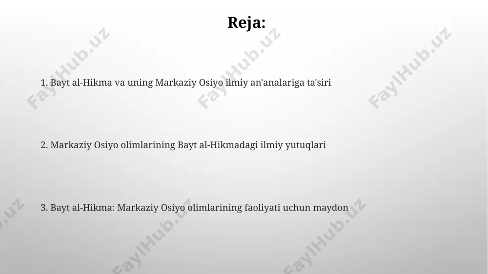 miyasi, matematikasi va tibbiyoti kabi sohalarda 12-asrda sezilarli yutuqlarga erishdi, bu bayt al-hikmada o'tkazilgan tadqiqotlarning bevosita natijasi edi. bayt al-hikma faoliyati natijasida markaziy osiyo olimlari 100 dan ortiq ilmiy asarlarni tarjima qilib, dunyo ilmiy tafakkuriga ulkan hissa qo'shdilar. bayt al-hikmaning tashkil topishi va ahamiyati bayt al-hikma 9-asrda, xalifa harun ar-rashid davrida tashkil topib, 100 000 dan ortiq qo‘lyozmalarni o‘z ichiga olgan ulkan kutubxonaga ega bo‘lgan. bayt al-hikma, islom olamida ilm-fan rivojiga beqiyos hissa qo‘shdi, matematika, astronomiya, tibbiyot kabi sohalarda 100 dan ziyod asar yaratildi va tarjima qilindi. e'tiboringiz uchun rahmat @taqdimot_robot image3.png image4.jpg image5.jpg image6.jpg image7.jpg image8.jpg image9.jpg image1.png