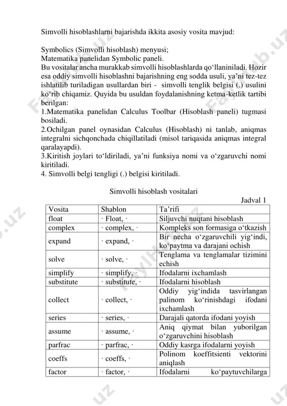 panelidan calculus toolbar (hisoblash paneli) tugmasi basilsa, colculus (hisoblash) paneli ochiladi. u erning pastki qismida limitlarni hisoblash operatorlarini kiritish uchun uchta tugmacha mavjud. ularning birini bosish kerak. 2.lim so‘zining o‘ng tomonidagi kiritish joyiga ifoda kiritiladi. 3.lim so‘zining ostki qismiga o‘zgaruvchi nomi va uning intiladigan qiymati kiritiladi. 4.barcha ifodalar burchakli kursorda yoki qora rangga ajratiladi. 5.symbolics®evaluate®symbolically (simvolli hisoblash® baholash® simvolli) buyruqlari beriladi. mathcad agar limit mavjud bo‘lsa, limitning intilish qiymatini qaytaradi. limitlarni hisoblashga doir misollar 2-rasmda keltirilgan. 2-rasm. limitlarni hisoblash. 3. foydalanuvchi tomonidan kiritiluvchi operatorlar differensial tenglamalarni echish ancha murakkab. shu sabab mathcadda barcha differnsial tenglamalarni ma’lum chegaralanishlarsiz to‘g‘idan- to‘g‘ri echish imkoniyati mavjud emas. mathcadda differensiallar tenglama va tizimlarini echishning bir necha usullari mavjud. bu usullardan biri odesolve funksiyasi yordamida echish bo‘lib, bu usul boshqa usullarga nisbatan eng soddasidir. bu funksiya mathcad 2000 da birinchi bor yaratildi va u birinchi bor differensial tenglamani echdi. mathcad 2001da bu funksiya yanada kengaytirildi. odesolve …