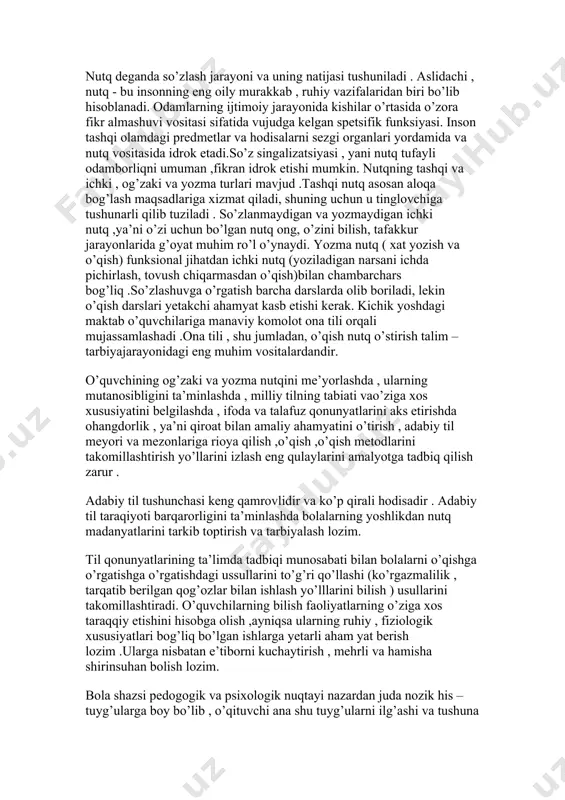 ng mutanosibligini ta’minlashda , milliy tilning tabiati vao’ziga xos xususiyatini belgilashda , ifoda va talafuz qonunyatlarini aks etirishda ohangdorlik , ya’ni qiroat bilan amaliy ahamyatini o’tirish , adabiy til meyori va mezonlariga rioya qilish ,o’qish ,o’qish metodlarini takomillashtirish yo’llarini izlash eng qulaylarini amalyotga tadbiq qilish zarur . adabiy til tushunchasi keng qamrovlidir va ko’p qirali hodisadir . adabiy til taraqiyoti barqarorligini ta’minlashda bolalarning yoshlikdan nutq madanyatlarini tarkib toptirish va tarbiyalash lozim. til qonunyatlarining ta’limda tadbiqi munosabati bilan bolalarni o’qishga o’rgatishga o’rgatishdagi ussullarini to’g’ri qo’llashi (ko’rgazmalilik , tarqatib berilgan qog’ozlar bilan ishlash yo’lllarini bilish ) usullarini takomillashtiradi. o’quvchilarning bilish faoliyatlarning o’ziga xos taraqqiy etishini hisobga olish ,ayniqsa ularning ruhiy , fiziologik xususiyatlari bog’liq bo’lgan ishlarga yetarli aham yat berish lozim .ularga nisbatan e’tiborni kuchaytirish , mehrli va hamisha shirinsuhan bolish lozim. bola shazsi pedogogik va psixologik nuqtayi nazardan juda nozik his –tuyg’ularga boy bo’lib , o’qituvchi ana shu tuyg’ularni ilg’ashi va …