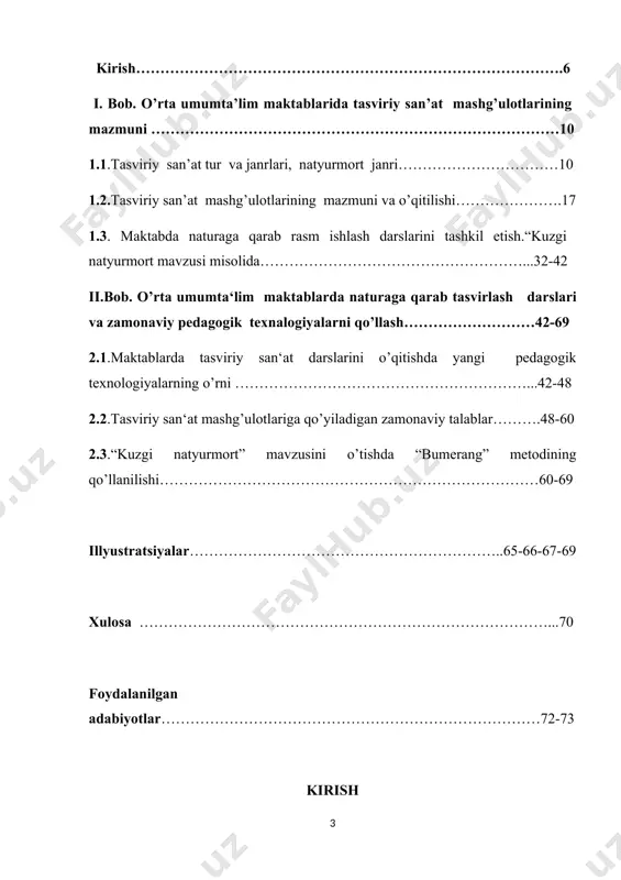 'ri tanlay olish, rangtasvir texnologiyasini aniqlash kabi malakalarni ham shakllantiradi. jamiyatimizning madaniy va ma’naviy yuksalishini oshirishda tasviriy san’at mutaxassislarining roli juda kattadir. bunday mutaxassislarni tarbiyalash va ta’lim berish tasviriy san’at va muhandislik grafika fakultetining birinchi kursidayoq boshlanishi kerak. ilmiy va uslubiy bazasiz bu vazifani yechib bo’lmaydi, o’z navbatida, bu birinchi kursdan boshlab o’quv jarayonini tashkil etishning yangi shakllari va tasviriy san‘atni o’rgatish uslublarini ishlab chiqish ehtiyojini keltirib chiqaradi.tasviriy san‘atning aynan natyurmort janrlari ustida ishlash katta ahamiyatga ega. tasviriy faoliyatning nazariyasini muntazam o’rganish, tasviriy san’at ta‘limini muvaffaqiyatli o’zlashtirishning asosiy shartlaridandir. rangtasvir qonun-qoidalarini puxta egallagan talabagina amaliy ijodda samarali shug’ullanishi mumkin. kimda-kim ilmni amaliyotsiz tasavvur etsa, - u bamisoli suzishga eshkaksiz chiqayotgan qayiq haydovchisidir va u hech qachon qayerga ketayotganligiga to’la ishonch hosil qila olmaydi, deya ta‘kidlagan leonardo da vinchi. ayniqsa rangtasvir sohasida amaliyot hamisha kuchli nazariyot bilan bog’liq holda amalga oshirilishi zarur va bularsiz hech narsaga erishib bo’lmaydi. tasviriy san‘atning tarixi, …