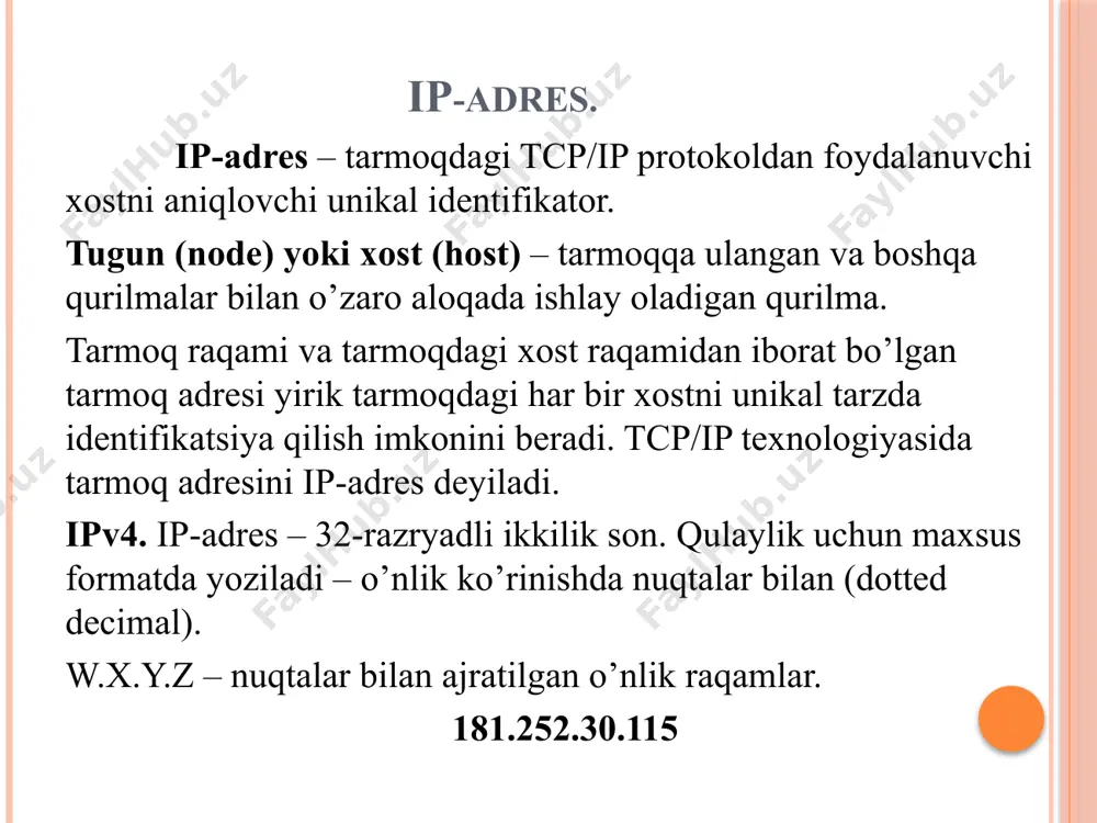 ng o’rniga ikki ikki nuqta yoziladi (fe80:0:0:0:0:0:0:1 ni fe80::1 ko’rinishida yozish mumkin). adresda bunday o’zgartirishni bir marta bajarish mumkin. paketning yashash vaqti tarmoqdagi deytagramma mavjud bo‘lish vaqtining yuqori chegarasini ko‘rsatadi. ushbu ko‘rsatkich jo‘natuvchi tomonidan beriladi va tarmoqlararo deytagrammaning marshrut nuqtalari bo‘ylab harakatlanishiga ko‘ra kamayib boradi. tarmoqlararo deytagramma vaqti qabul qilib oluvchiga yetib borguniga qadar nol bo‘lsa, u holda ushbu deytagramma yo‘q qilinadi. sarlavhaning nazorat yig‘indisi undagi ma’lumotlar himoyasini ta’minlaydi. agarda modul sarlavhada xatolikni aniqlasa, u holda ushbu tarmoqlararo deytagramma uni aniqlagan modul tomonidan yo‘q qilinadi. qo‘shimcha imkoniyatlar ayrim qo‘shimcha xizmatlar bajarilishini ta’minlaydi, masalan, ma’lumotlarni himoyalash va maxsus marshrutlashtirish usullari. ipv6 protokoli ipv6 4-versiyasi bo‘lgan protokolining yangi versiyasini ifoda etadi. ipv4 ga nisbatan ipv6 dagi o‘zgarishlarni quyidagi guruhlarga ajratish mumkin: ipv6 da adres uzunligi 128 bitgacha kengaytirilgan (ipv4 da 32 bit), bu esa adreslash iyerarxiyasining ko‘proq darajalarini ta’minlash, adreslashtiriladigan tugunlar sonini oshirish, avto-konfiguratsiyani soddalashtirish imkonini beradi. ipv6 versiyasida adreslash adreslarning uchta …