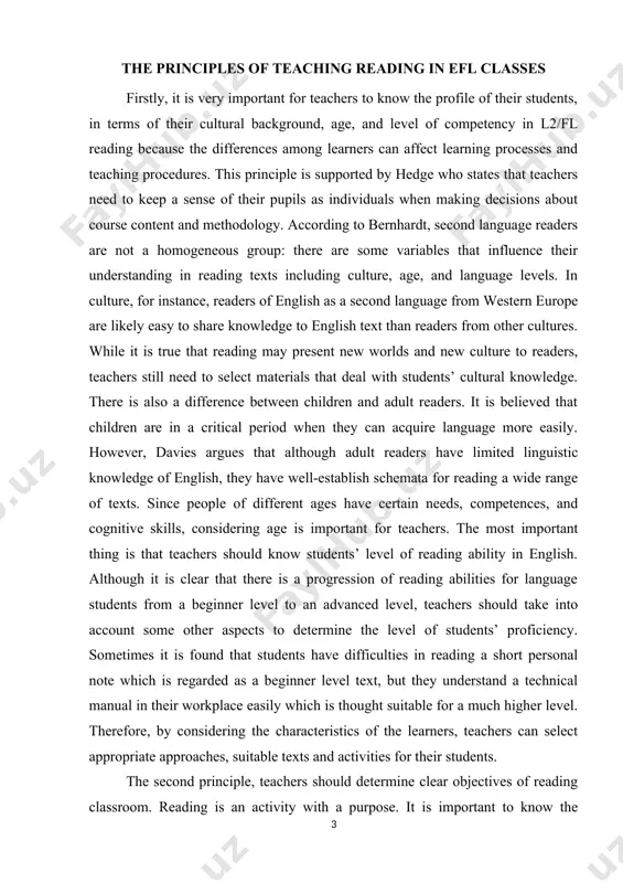 mes it is found that students have difficulties in reading a short personal note which is regarded as a beginner level text, but they understand a technical manual in their workplace easily which is thought suitable for a much higher level. therefore, by considering the characteristics of the learners, teachers can select appropriate approaches, suitable texts and activities for their students. the second principle, teachers should determine clear objectives of reading classroom. reading is an activity with a purpose. it is important to know the reader’s purpose because it will help students to understand the text and gain satisfactory results in reading. students want to improve their reading skills for many different important reasons. their goals may be related to their further education which is involved reading textbooks and lecture notes, or they want to improve their employments prospects, for enjoyment or for other practical purposes. the purposes for reading …