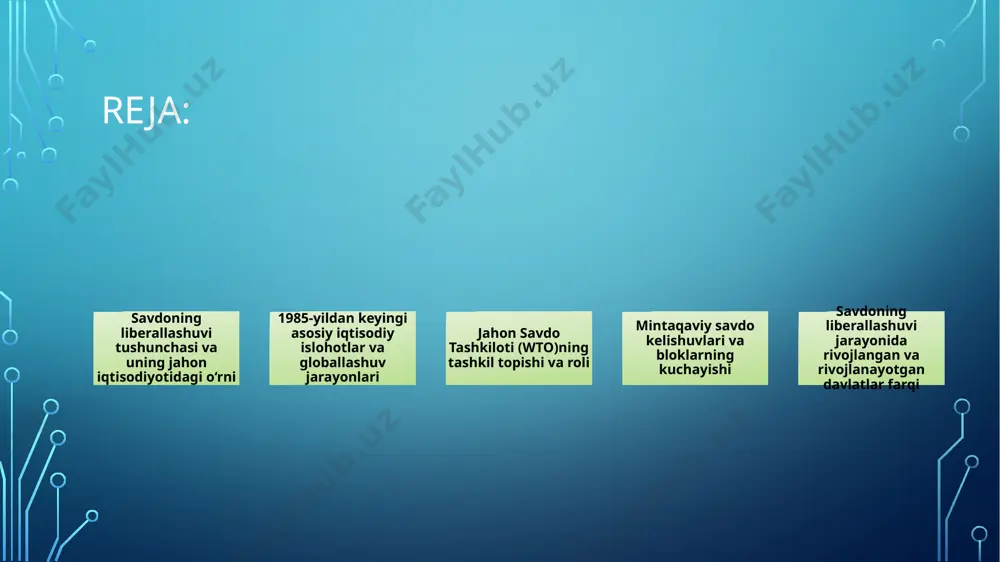 n yangi imkoniyatlar yaratib, ularni global iqtisodiyotga faol integratsiyalashishiga yordam berdi. mintaqaviy integratsiya bloklari 1985-yildan keyin savdoning liberallashuvida mintaqaviy integratsiya jarayonlari ham muhim rol o‘ynadi. 1993-yilda yevropa ittifoqida yagona bozor shakllantirildi, 1994-yilda esa shimoliy amerika erkin savdo kelishuvi – nafta imzolandi. janubi-sharqiy osiyoda asean, lotin amerikasida esa mercosur tashkilotlari faoliyat yurita boshladi. bu integratsion birliklar davlatlar o‘rtasidagi savdo to‘siqlarini kamaytirib, ichki bozorlarni yanada ochiqlashga yordam berdi. texnologik taraqqiyot va globallashuv savdoning liberallashuvi texnologik rivojlanish bilan chambarchas bog‘liq bo‘ldi. axborot-kommunikatsiya texnologiyalarining taraqqiyoti natijasida xalqaro savdo yanada tezkor va samarali tus oldi. elektron savdo platformalari, onlayn bank xizmatlari, raqamli marketing vositalari global savdoni yangi bosqichga olib chiqdi. bu jarayon globallashuvni tezlashtirib, ishlab chiqaruvchilar, xizmat ko‘rsatuvchilar va iste’molchilarni yagona global bozorga birlashtirdi. savdoning liberallashuvi natijalari savdoning liberallashuvi bir qator ijobiy natijalarni keltirib chiqardi. jahon savdosining hajmi keskin oshdi, ishlab chiqarish resurslari samaraliroq taqsimlandi, raqobat tufayli mahsulot va xizmatlar sifati yaxshilandi. shu bilan birga, …