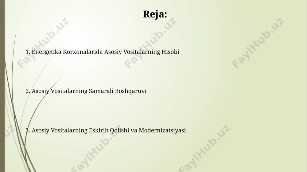 hda yuzaga keladigan muammolar va ularni hal qilish yo'llari asosiy vositalarni inventarizatsiyasi har 3 yilda o'tkazilishi lozim, ammo amalda bu jarayon 5 yilda bir marta yoki undan kam amalga oshiriladi, bu esa hisobotlarning aniqligi va aktivlarni nazorat qilishni qiyinlashtiradi. asosiy vositalarning 15% ga yaqini eskirganligi sababli ta'mirlash xarajatlari budjetning 20% ni tashkil etadi, buning oldini olish uchun proaktiv texnik xizmat ko'rsatishni joriy etish kerak. energetika korxonalarida asosiy vositalarni boshqarishdagi ichki nazorat energetika korxonalarida asosiy vositalarning 10% dan ortig'i eskirgan bo'lsa, kapital ta'mirlash yoki modernizatsiya rejalashtirilishi va byudjetga 5% qo'shimcha mablag' ajratilishi kerak. asosiy vositalarni boshqarishda ichki audit kamida yiliga 2 marta o'tkazilib, aktivlarning 80% tekshiruvdan o'tishi va hisobotlarning aniqligi tekshiriladi. asosiy vositalarni nazorat qilish va xavfsizlik asosiy vositalarni sug'urtalash darajasi kamida 80% ni tashkil qilishi va tabiiy ofatlar, texnogen falokatlar va o'g'irlikdan himoya qilish choralari belgilangan bo'lishi kerak. asosiy vositalarni boshqarish tizimining samaradorligi yiliga kamida 2 marta auditdan o'tkazish va …
