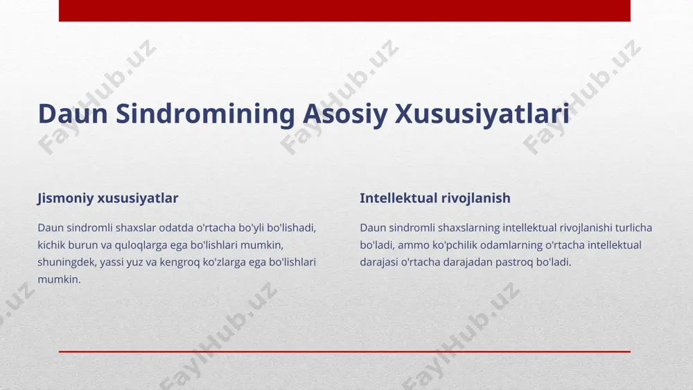 shirish uchun ta'lim va rivojlanish imkoniyatlariga ega bo'lishlari kerak. 5 daun sindromli shaxslarning ijtimoiy integratsiyasi ijtimoiy muhit daun sindromli shaxslar jamiyatda bir xil huquqlarga ega bo'lishlari, o'z tengdoshlari bilan birga yashlashlari kerak. stereotiplarni yo'qotish daun sindromli shaxslar haqida mavjud bo'lgan stereotiplarni yo'qotish va ularni qabul qilish muhimdir. qo'llab-quvvatlash jamiyat tomonidan qo'llab-quvvatlash va yordam ko'rsatish, ularning ijtimoiy hayotiga integratsiyalashishga yordam beradi. 6 daun sindromli shaxslarning mehnat faoliyatlari 1 imkoniyatlar yaratish daun sindromli shaxslar uchun mehnat bozorida imkoniyatlar yaratish, ularning qobiliyatlaridan foydalanish muhimdir. 2 qo'llab-quvvatlovchi muhit mehnatga layoqatli shaxslarga qo'llab-quvvatlovchi muhit, o'qitish va mentorlik dasturlari kerak. 3 integratsiya daun sindromli shaxslarni mehnat bozoriga integratsiya qilish, ularning ijtimoiy hayotlarini boyitishga yordam beradi. 7 daun sindromli shaxslarga yordam ko'rsatish borasidagi strategiyalar 1 tushunish daun sindromini tushunish, uning xususiyatlari va muammolarini bilib olish zarur. 2 qabul qilish daun sindromli shaxslarni qabul qilish, ularning huquqlarini himoya qilish muhimdir. 3 qo'llab-quvvatlash jamiyat tomonidan qo'llab-quvvatlash, inklyuziv muhit yaratish …