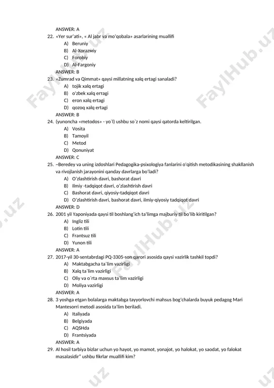 og’zaki ijodidagina xos bo’lgan janrni aniqlang. a) tazkira; b) asкiya; c) latifa; d) tuyuq; answer: b 32. assesment usulini ilk qo`llanilish yili ? a) 1930-40 yillar b) 1920-30 yillar c) 1970-80 yillari d) 1950-60 yillar answer: a 33. assisment – bu a) inglizcha so`z bo`lib, “baho”, “baholsh” ma`nosini bildiradi b) intervyu olish c) intervyu, suhbat, o`rganish d) so`rovnoma o`tkazish answer: a 34. assisment usuli orqali quyidagilar aniqlanadi bu.. a) talabaning bilimi b) talabaning bilimi, ko`nikmasi, malakasi c) talabaning amaliy ko`nikmasi d) talabaning egallagan malakasi answer: a 35. avstraliya maktablarining qaysi sinfida o’quvchilar bir necha fanlarni chuqur o’rganishadi? a) oliy o’quv yurtiga kirish maqsadida bitiruvchi sinf o’quvchilari b) boshlang’ich sinf o’quvchilari c) 9-sinf o’quvchilari d) 10-sinf o’quvchilari answer: a 36. avstraliya o’rta maktablarining asosiy xususiyati: a) faqat akademik fanlar emas, san’at va sportga ham ko’p e’tibor beriladi b) faqat akademik fanlar o’tiladi c) bir necha fanlar tanlab o’qitiladi d) differentsial ta’lim …