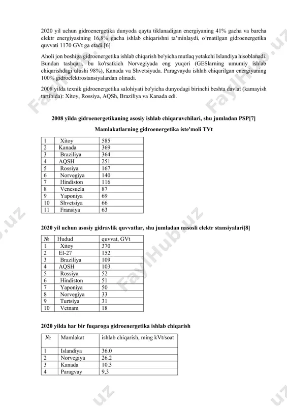 rossiya, aqsh, braziliya va kanada edi. 2008 yilda gidroenergetikaning asosiy ishlab chiqaruvchilari, shu jumladan psp[7] mamlakatlarning gidroenergetika iste'moli tvt 1 xitoy 585 2 kanada 369 3 braziliya 364 4 aqsh 251 5 rossiya 167 6 norvegiya 140 7 hindiston 116 8 venesuela 87 9 yaponiya 69 10 shvetsiya 66 11 fransiya 63 2020 yil uchun asosiy gidravlik quvvatlar, shu jumladan nasosli elektr stansiyalari[8] № hudud quvvat, gvt 1 xitoy 370 2 ei-27 152 3 braziliya 109 4 aqsh 103 5 rossiya 52 6 hindiston 51 7 yaponiya 50 8 norvegiya 33 9 тurtsiya 31 10 vetnam 18 2020 yilda har bir fuqaroga gidroenergetika ishlab chiqarish № mamlakat ishlab chiqarish, ming kvt/soat 1 islandiya 36.0 2 norvegiya 26.2 3 kanada 10.3 4 paragvay 9,3 5 butan 9,1 6 grenlandiya 7,1 7 yangi zelandiya 4,9 8 shveytsariya 4,4 9 laos 4.0 10 gruziya 2,5 11 albaniya 2,1 2000-yillarning boshlarida eng faol gidroqurilish …