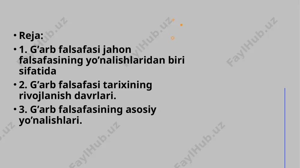 lishi bilan falsafa shug’ullanadigan masalalar doirasi chegaralangan bo’lsa-da, uning asi falsafiy masalalari chuqur- lashib, boyib bordi. falsafaning o’ziga xos vazifasi aniqlandi. yangi davr falsafasi oldida yangi vazifalar turardi. . xviii asr fransuz falsafasi falsafiy tafakkur tarixida muhim ahamiyatga ega bo'ldi. u insoniyatning ma'naviy ravnaqi tarixida, ilm-fan va aqliy kamolotining burilish nuqtalaridan biridir. ingliz ma'rifatparvarlari yevropadagi boshqa mamlakatlardagi kabi chuqur ildiz otgan diniy mafkuraga qarshi chiqishdi va birinchi navbatda eski ijtimoiy tuzum bilan bog'liq bo'lgan barcha bid'atlarga qarshi qattiq kurash boshladilar materializm obyektiv idealizm idealizm subyektiv idealizm idealizm bu ta'limotga ko'ra, birinchi boshlang'ich sifatida g'oya, ruhiy borliq nazarda tutiladi. idealizm o'z o'rnida ikki katta oqimga bo'linadi. obyektiv idealizm vakillari olamning asosiga mustaqil boshlang'ich ilohiy ruhiy ibtidoni qo'ysalar, subyektiv idealizm namoyandalari butun borliqning mavjudligini inson ruhiyatiga, ongiga bog'lab tushuntiradilar. obyektiv idealizm vakillari - pifagor, platon, gegel va boshqalar; subyektiv idealizm vakillari - j.berkli, d. yum va boshqalar. monizm bu falsafiy ta'limotga ko'ra, …