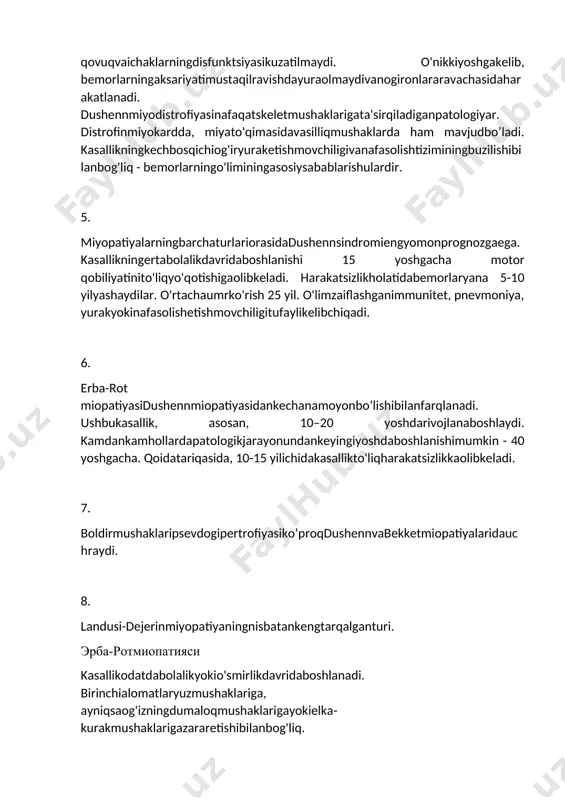 ngaqo'llarningproksimalmushaklariningzaifligivavaznyo'qotishiqo'shiladi, keyinoyoqlarning distal qisminingpareziyasirivojlanadi. paylarreflekslariuzoqvaqtsaqlanibqoladi. 9. landusi-dejerinmiopatiyasinasllanishningautosom-retsessivturiorqaliuzatiladi.ertabolalikdaklinikko'rinishlaryo'qvakasallikningboshlanishi, qoidabo’yicha, 20 yoshdabo'ladi. - 15-25 ёшларда ривожланади - аутосом-доминант типда наслдан-наслга ўтади 10. kasallikningboshlanishi 5 yoshdan 15 yoshgachabo'ladi, ammo 40 yildankeyinbo'lishi hammumkin. birinchibelgilar - tosvaoyoqlardacharchoqvamushaklarningzaifligi. ba'zibemorlardaboldirmushaklariningdavriyvao'z-o'zidantutqanoqlarpaydobo'lishikuzatiladi. zinadanko'tarilish, o'tirishvaturishqiyin. govers deb ataladiganalomat, agar odamqo'llarinioyoqlariustigaqo'ysavabutananito'g'rilashgayordamberadiganbo'lsapaydobo'lishimumkin. barchairsiymiyopatiyalarmushakatrofiyasiningnosimmetrikrivojlanishibilantavsiflanadi. birinchidan, femoral vatosmushaklarita'sirlanadi, keyinchalikbujarayonelkalarvaqo'llarningmushaklarigao'tadi. dastlabkibosqichlardaboldirmushaklaridasoxtagipertrofiyahosilbo'ladi, keyinchalik deltoid, uchvato'rtboshlimushaklarulargaqo'shiladi. kelajakdasoxtagipertrofiyamushakgipotrofiyasigaaylanadi. bekkermiyopatiyasiningbelgilariquyidagichaifodalanadi: yurakritminingbuzilishi - aritmiya; qo'lvaoyoqlarningmushaklarida, shuningdektananingboshqaqismlaridaog'riq; yurishpaytidaoyoqlardagiog'riqkuchayadi; oyoqlarningmushaklaridoimiyburishish his qiladi; normalharakatqilishvato'siqlardanqochishtoboraqiyinlashadi; hattoengiljismoniymashqlarnafasqisilishivacharchoq, shuningdek, oyoqlarningshishishibilanbirgakeladi. alomatlarningto'liqdiapazonikamdan-kamhollardabittabemordauchraydi, ammo barchabemorlaroyoqlardacharchoqvazaiflikni his qilishadi. bekkermiyopatiyasiningo'zigaxosxususiyatishundaki, u judasekinrivojlanadi, ammo harqandayholatda ham bo'g'imlarningharakatsizligivaqattiqligigaolibkeladi. jarayontaxminan 40 yilgachadavometadi, buyoshgakelib,faoliyati