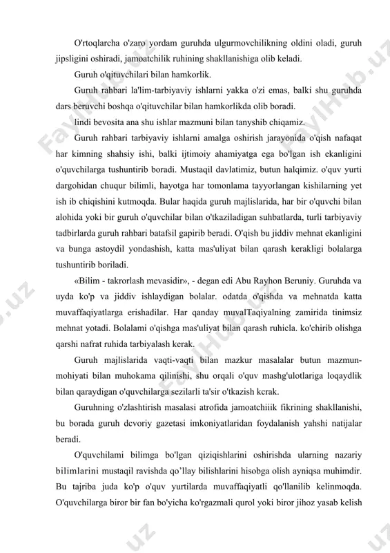 yatli qo'llanilib kelinmoqda. o'quvchilarga biror bir fan bo'yicha ko'rgazmali qurol yoki biror jihoz yasab kelish buyuriladi. bunda «agar tirishsang, bu sening qo'lingdan keladi» degan gapni lining qulog'iga quyish kerak. buni o'quvchi nafaqat oddiy topshiriq, balki o'qituvchining ishonchi sifatida ham qabul qiladi. to'g'risini aytganda, bunday narsalami yasash uchun o'quvchi yetarli nazariy bilimga cga bo'lishi kerak. o'quvchi topshiriqni puhta qilib bajarishi uchun u yoki bu fan asoslarini o'rganishga, o'z bilimini chuqurlashtirishga harakat qiladi, o'zi yasayotgan o'quv quroliga, ushbu ганца nihoyalda qiziqib qoladi. shu bilan birgalikda har bir yasalgan narsa zamirida mehnat yotganligini his qiladi, guruh va o'quv yurti jihozlarini avaylashga o'rganadi. o'quv yurti o'quvchilarining bilimga qiziqishi ularning hayotiy ehtiyojlariga bevosita bog'liqdir. 0’quv ytirii hovlisidagi bog’, tokzor, issiqhonada o'tkaziladigan amaliy jarayon - darahtlarni butash, ularga payvand solish, tok kesish, daraht o'tqazish, issiqhonalarda pomidor, sabzavotlar yetishtirish qoidalari o'quvchilarda katta qiziqish uyg'otadi. bu hoi ulami botanika, geometriya, jo'g'rofiya, mehnat fanlariga havas, ularni sevib o'rganishga rag'bat …