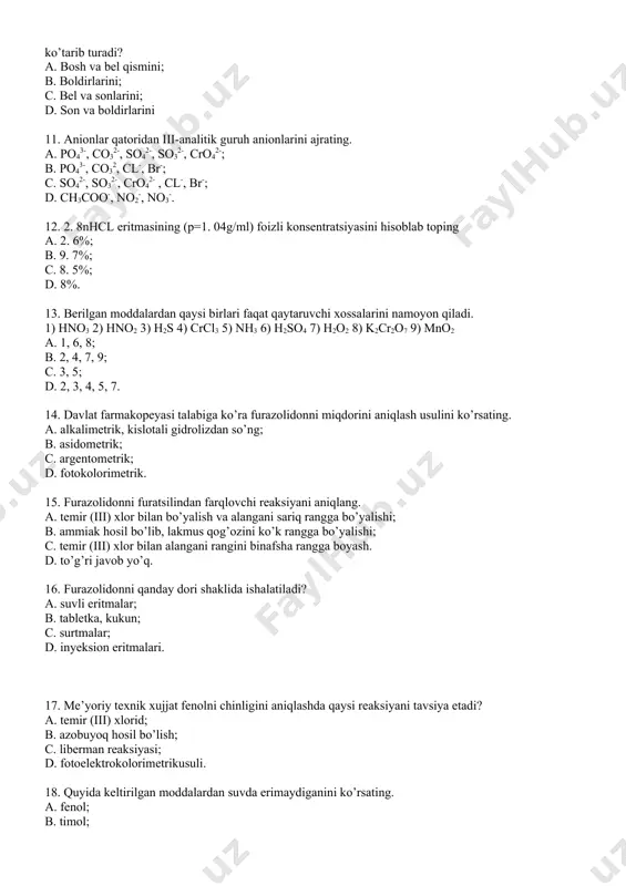 0 mg d. 25 g c. 2, 5 mg 21. oksitotsin va vasopressin gormoni qaysi bez ishlab chiqaradi? a. gipofiz b. qalqonsimon bez c . me’da osti bezi d. buyrak usti bezi 22. intermedin preparati tibbiyotning qaysi bo’limida ishlatiladi? a. kardiologiyada b. ginekologiyada c. lor d. oftalmalogiyada 23. jigar protrumbin sintezini tezlashtiradigan vitaminni belgilang? a. retinol b. tokoferol s. ergokalsiyferol d. vitamin k 24. qon ketishida va uning oldini olishda ishlatiladi: a. folat kislota b. askorbin kislota s. niko’tin kislota d. vikasol 25. suvda eruvchi vitaminlarga kiradi: a. retinol b. tokoferol s. rutin d. ergokaltsiferol 26. tireotoksikozda va gipo’tireozda ishlatiladi: a. fenol b. brilliant yashili s. borat kislota d. yod 27. yodning glitserin blan aralashmasi qachon ishlatiladi? a. sil kasalligida b. jigar serrozida s. murtak bezi yallig’lanishida d. me’da yara kasalligida 28. yogda eruvchi vitaminlarga kiradi: a. askorbin kislota b. niko’tin kislota s. folat kislota d. retinol atsetat 29. rnk …