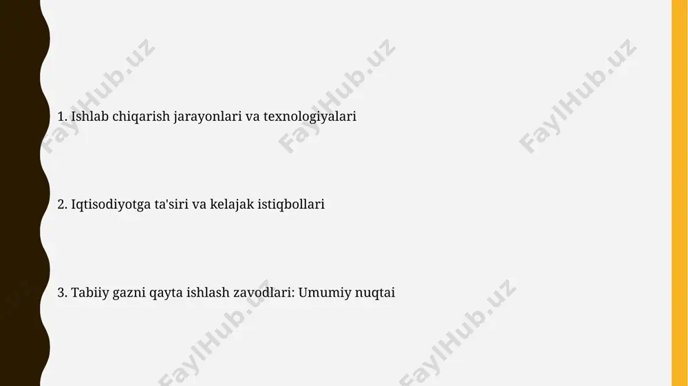 va boshqa sohalarda ishlatish uchun tayyorlaydi. bu jarayon 100 dan ortiq texnologik bosqichlarni o'z ichiga oladi. tabiiy gaz qayta ishlash zavodlari yiliga o'rtacha 50 milliard kub metrdan ortiq tabiiy gazni qayta ishlaydi, bu mamlakatning energiya ehtiyojlarini qondirishda muhim rol o'ynaydi. xom ashyo manbalari oʻzbekistondagi “xom ashyo manbalari”ning umumiy zahiralari taxminan 2 trillion kub metrdan ortiqni tashkil etadi va bu kelgusi 20 yil davomida mamlakatning energiya ehtiyojlarini qondirish uchun yetarli hisoblanadi. gazni qayta ishlash zavodlariga yetkazib beriladigan xom ashyoning taxminan 75% ini metan tashkil etadi, qolgan 25% esa etan, propan va butan kabi boshqa uglevodorodlardan iborat. kelajakdagi rejalar va istiqbollar kelgusi 5 yilda gaz qayta ishlash zavodlarining ishlab chiqarish quvvatini 15% ga oshirish va yangi texnologiyalarni joriy etish rejalashtirilgan, bu esa energiya samaradorligini 10% ga yaxshilashga yordam beradi. 2025 yilgacha kamida 3 ta yangi gaz qayta ishlash zavodi qurilishi va ishga tushirilishi, bu esa mamlakatning gaz sanoati infratuzilmasini sezilarli darajada kengaytirishga …