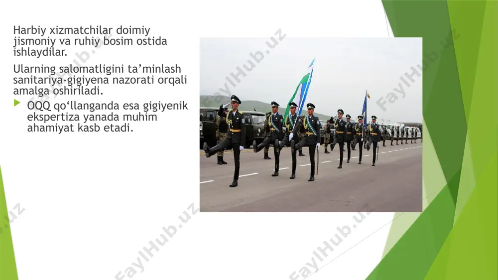 a, yo‘q qilish. uskuna va yuzalar: maxsus vositalar bilan tozalash. xulosa harbiylar sog‘lig‘i sanitariya nazoratiga bog‘liq. oqq qo‘llanganda gigiyenik ekspertiza hayotni saqlab qolishda muhim rol o‘ynaydi. tezkorlik, aniqlik va malakali mutaxassislar – muvaffaqiyat garovi image1.jpeg image2.jpeg image3.jpeg image4.jpeg image5.jpeg image6.jpeg image7.jpeg image8.jpeg image9.jpeg image10.jpeg /docprops/thumbnail.jpeg