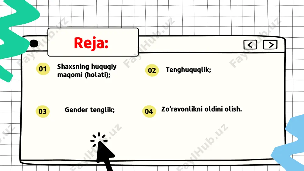 ri o‘zbekiston respublikasining “xotin-qizlar va erkaklar uchun teng huquq hamda imkoniyatlar kafolatlari to‘g‘risida”gi qonuni bilan “gender tenglik”ka doir barcha masalalar tartibga solingan. zo‘ravonlikni oldini olish profilaktika suhbatini o‘tkazish; himoya orderini berish; tazyiq va zo‘ravonlikdan jabrlanuvchilarga yordam ko‘rsatish bo‘yicha maxsus markazlarga joylashtirish; zo‘ravonlik xulq-atvorini o‘zgartirish bo‘yicha tuzatish dasturlaridan o‘tish o‘zbekiston respublikasining “xotin-qizlarni tazyiq va zo‘ravonlikdan himoya qilish to‘g‘risida”gi qonuni bilan xotin-qizlarni tazyiq va zo‘ravonlikning barcha shakllaridan himoya qilish sohasidagi munosabatlar tartibga solingan. e’tiboringiz uchun rahmat! image1.png image20.svg image7.png image22.svg image2.png image3.png image14.svg image4.png image16.svg image5.png image18.svg image6.png image11.png image30.svg image8.png image24.svg image9.png image26.svg image10.png image28.svg image12.png image7.svg image13.png image33.svg image46.svg image14.png image9.svg image15.png image52.svg image18.png image54.svg image19.png image56.svg image16.png image48.svg image17.png image60.svg image20.png image58.svg image21.png image23.png image64.svg image24.png image66.svg image25.png image68.svg image22.png image62.svg image26.png image72.svg /docprops/thumbnail.jpeg