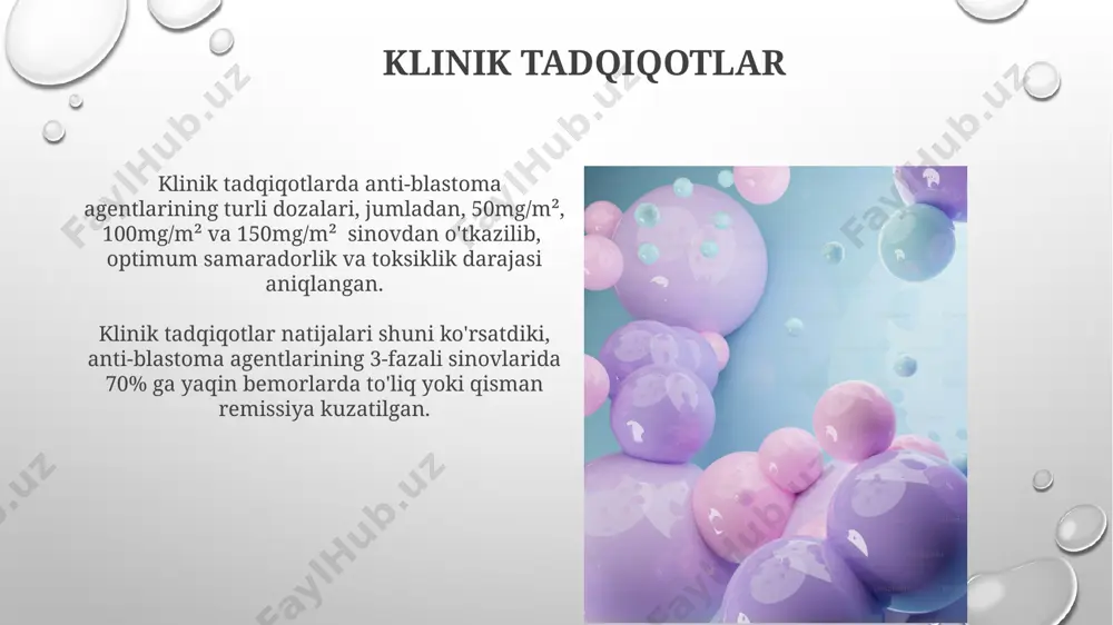 oma preparatlari, masalan, metotreksat, mifomitsin kabi vositalar, oshqozon-ichak trakti toksikligini minimallashtirish uchun, dozalash rejimiga asosan 7-10 kunlik kurslarda qo'llaniladi. kelajak istiqbollari ma'lumotlarga ko'ra, keyingi 10 yil ichida blastomaga qarshi terapiyaning shaxsiylashtirilgan yondashuvi 20% ga ko'payadi, bu bemorlarning prognozini sezilarli darajada yaxshilaydi. kelajakda, blastomaga qarshi yangi 3-avlod dorilarning klinik sinovlari 5 yil ichida tugashi va saraton hujayralarining o'sishini yanada samaraliroq nazorat qilish imkoniyatini beradi. nimaga terapiya kerak? nimaga terapiya kerak? blastoma kabi xavfli oʻsmalar metastaz berishi va turli organlarga tarqalishi, bu esa 3-4 bosqichga yetganda davolash qiyinlashishiga olib keladi. nimaga terapiya kerak? saraton hujayralarining tez oʻsishi va tarqalishi natijasida 5 yillik oʻlim xavfi 70% ga yetishi mumkin, shuning uchun erta aniqlash va davolash muhim ahamiyatga ega. alkillovovchi anti-blastoma vositalari alkillovovchi anti-blastoma vositalarining qo'llanilishi, gematologik malignitetlar, masalan, leykemiya va limfoma, shuningdek, ba'zi qattiq o'smalarning davolashida keng qo'llaniladi va 2-3 bosqichda samaradorligi yuqori. temozolomid kabi ba'zi alkillovovchi anti-blastoma vositalari, terapevtik dozalari bemorning yoshi …