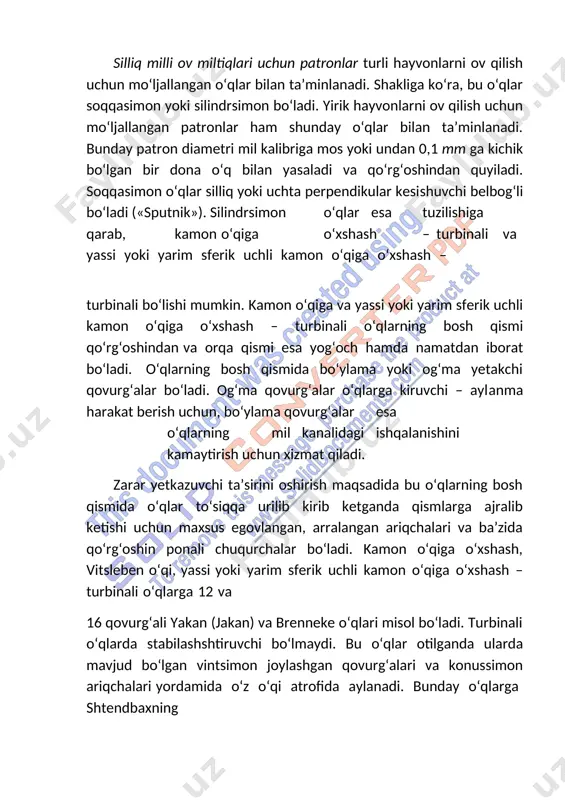 ismlarga ajralib ketishi uchun maxsus egovlangan, arralangan ariqchalari va ba’zida qo‘rg‘oshin ponali chuqurchalar bo‘ladi. kamon o‘qiga o‘xshash, vitsleben o‘qi, yassi yoki yarim sferik uchli kamon o‘qiga o‘xshash – turbinali o‘qlarga 12 va 16 qovurg‘ali yakan (jakan) va brenneke o‘qlari misol bo‘ladi. turbinali o‘qlarda stabilashshtiruvchi bo‘lmaydi. bu o‘qlar otilganda ularda mavjud bo‘lgan vintsimon joylashgan qovurg‘alari va konussimon ariqchalari yordamida o‘z o‘qi atrofida aylanadi. bunday o‘qlarga shtendbaxning «ideal» o‘qlari misol bo‘ladi. sochma o‘q yoki pitra – qobiqsiz, soqqasimon shakldagi o‘q bo‘lib, ular bilan ov patronlari ta’minlanadi. sochmalar yumshoq va toblangan turlarga ajraladi. sochmalar diametriga bog‘liq ravishda shartli raqamlar bilan belgilanadi. standartga ko‘ra, 16 raqamli sochmalar yasaladi. bir sochmaning raqami keyingisidan 0,25 mm ga farq qiladi. eng katta raqam № 4/0 (0000) bo‘lib, uning diametri 5 mm. shuningdek, qo‘lbola usulda tayyorlangan sochmalar ham ishlatiladi: quyilgan tomchisimon, «sechka» (kesilgan) va «katanka» (yumaloqlash uchun ikki qattiq jism orasida siqilib aylantirilgan). pitra – yirik ov sochmasi, …