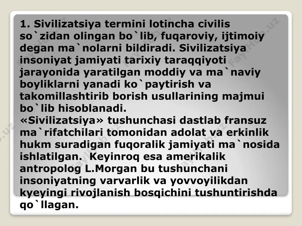 arini tushunishgan. xx asr boshlariga kelib, nemis faylasufi o.shpengler “yevropa quyoshining so’nishi” asarida madaniyat va sivilizatsiya tushunchalarini bir-biriga qarama-qarshi qo’ydi. uning fikricha, sivilizatsiya madaniyatning eng yuqori bosqichi bo’lib, undan keyin esa madaniyat asta-sekin inqirozga yuz o’giradi. nemis faylasufi sivilizatsiya deganda texnik- mexanik jarayonlar majmuini nazarda tutgan. madaniyatning paydo bo’lishi insoniyatning yovvoyilikdan keyingi davri bilan bog’liq bo’lsa, sivilizatsiya - tarixiy jarayon, ijtimoiy hodisadir. sivilizatsiyaning yana bir ma’nosi - madaniyatning zamon va makonda chegaralangan tarixiy tipi (misr sivilizatsiyasi, mesopotamiya sivilizatsiyasi va b.). sivilizatsiya madaniyat so’zining sinonimi sifatida, ko’pincha moddiy madaniyat ma’nosida ham qo’llaniladi. shveytsariyalik tarixchi j.starobinskiyning fikricha, sivilizatsiya tushunchasini ilk bor fransuz iqtisodchisi viktor riketi mirabo (1715- 1789 yy) o’zining “qonunlar do’sti” asarida qo’llagan. s.nilson : yovvoyilik, nomadizm (yunon. nomados – ko’chib yuruvchi, ko’chmanchili, dehqonchilik va sivilizatsiya. ma’rifatparvarlik davridagi ensiklopediyalarda sivilizatsiya tushunchasi taraqqiyot konsepsiyasi bilan uyg’unlashib ketadi. xalqlar sivilizatsion taraqqiyotining rang-barangligini tarixiy jarayonda yagonalik va rang-baranglikning o’zaro nisbati jambatissta viko (1668-1744) o’zining …