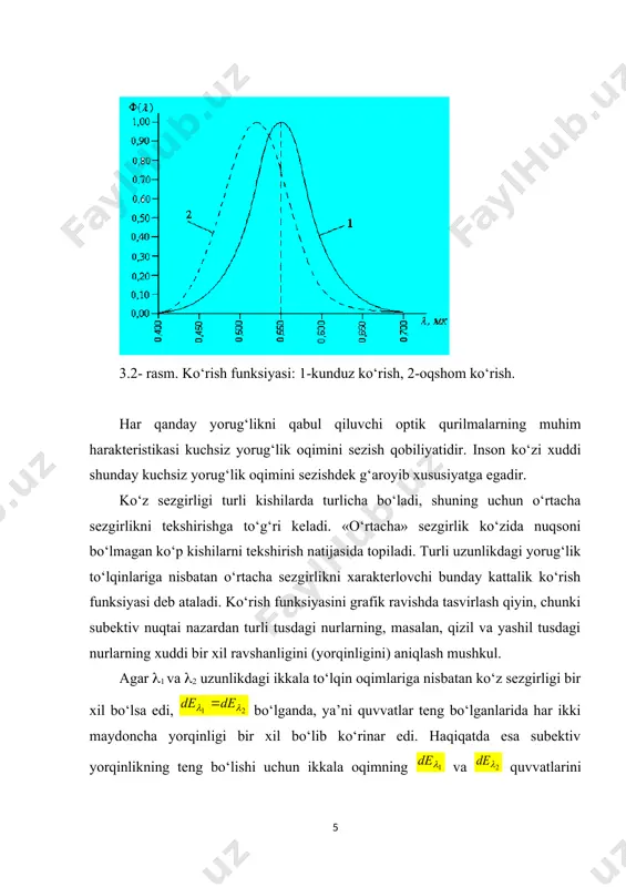 r tekis yuborilayotgan bo‘lsa, bo‘ladi. bu har qanday yo‘nalish uchun bir xil bo‘ladi. oqim notekis bo‘lgan holda ф/4 kattalik faqat yorug‘likning o‘rtacha kuchi bo‘ladi va yorug‘likni o‘rtacha sferik kuchi deyiladi. tayinli bir yo‘nalish bo‘yicha yorug‘lik kuchini o‘lchash uchun d elementar fazoviy burchak olinib va bu fazoviy burchakka to‘g‘ri kelgan d yorug‘lik oqimi o‘lchanishi kerak: (3.5) yoritilganlik е. yoritilganlik deb, sirt birligiga to‘g‘ri kelgan oqim kattaligiga aytiladi. yuzning yoritilganligi bo‘ladi. (3.2) va (3.3) larni hisobga olsak, (3.6) bo‘ladi. (3.5) dan ko‘rinadiki nuqtaviy manba hosil qilgan yoritilganlik manbadan sirtgacha bo‘lgan masofaning kvadratiga teskari proporsional va yorug‘lik oqimi yo‘nalishi bilan yoritilgan sirtga o‘tkazilgan normal orasidagi burchak kosinusiga to‘g‘ri proporsional bo‘ladi. manbaning b ravshanligi. ba’zi bir manbalarni nuqtaviy manbalar deb bo‘lmaydi. bu manbalarning ko‘pi shuncha kattaki, kuzatish olib borganda oddiy masofalarda ko‘z bilan ularning shaklini payqash mumkin. juda ko‘pchilikni tashkil qilgan bunday manbalarga nisbatan ravshanlik tushunchasi tarixiy ma’noga ega. bu tushuncha ajrata olish qobiliyati …