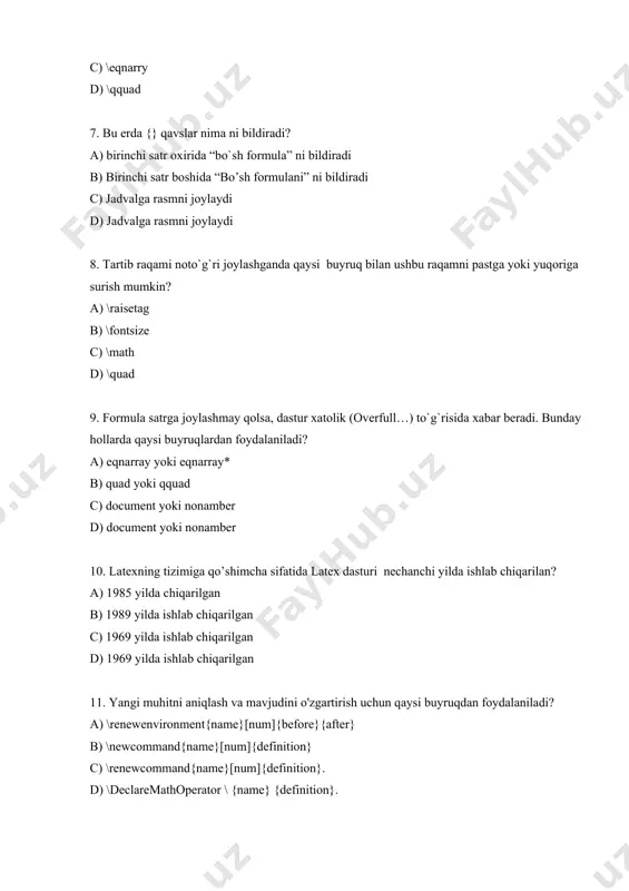ta b) 3 ta c) 2 ta d) 5 ta 13. operatorlar formatlash qoidalariga muvofiq ism argumentini formatlash uchun qaysi buyruqdan foydalaniladi? a) \operatorname {\ name} buyrug'idan foydalanamiz b) \newcommand{name}[num]{definition} c) \renewcommand{name}[num]{definition}. d) \declaremathoperator \ {name} {definition}. 14. mavjud buyruqlarni bekor qilish uchun qaysi buyruqdan foydalaniladi? a) \renewcommand{name}[num]{definition}. b) \newcommand{name}[num]{definition} c) \operatorname {\ name} buyrug'idan foydalanamiz d) \declaremathoperator \ {name} {definition}. 15. matnning bir qismini ajratib ko'rsatish uchun qaysi buyruqdan foydalanamiz? a) \ textcolor {color} {text}. b) \ color {bu erda rang nomi} c) \document {article} d) \begin{document} 16. ! 10 belgi nimani anglatadi. a) rang intensivligining foizini b) faktorialni c) jadval chetki chiziqlari qalinligini d) rasm o’lchamlarini 17. qaysi buyruq formula orasida matn yozish uchun ishlatiladi? a) \mathop b) \document c) \math d) equation 18. matematik shriftlarni o’rnatishda asosan qaysi buyruqlardan foydalaniladi? a) displaystyle (stilni moslash) ,textstyle (matn stili), scriptstyle (indeksda foydalanish uchun), scriptscriptstyle (indeksning indeksida foydalanish uchun) b) …