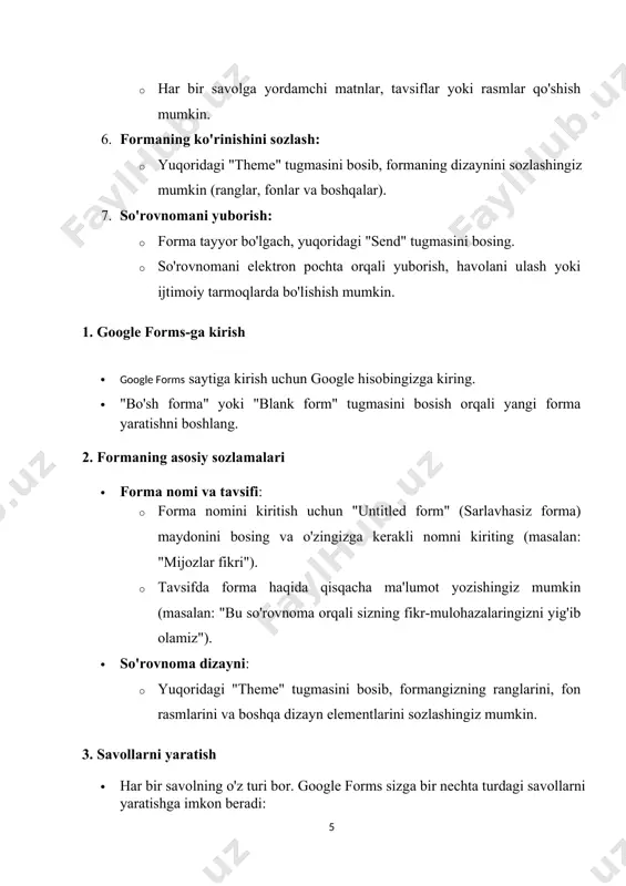kin. bu so'rovnomangizni brendingizga moslashtiradi. 7. formani yuborish va tarqatish · havola orqali yuborish: "send" tugmasini bosing va "link"ni tanlab, so'rovnoma havolasini nusxalash va uni elektron pochta yoki ijtimoiy tarmoqlar orqali tarqatishingiz mumkin. · email orqali yuborish: formani to'g'ridan-to'g'ri elektron pochta orqali yuborish uchun "email" variantini tanlashingiz mumkin. · embed qilish: agar formani veb-saytga joylashtirmoqchi bo'lsangiz, "embed html" kodini oling va uni saytingizga joylashtiring. 8. so'rovnomani tahlil qilish · javoblar: "responses" bo'limida so'rovnoma to'plangan javoblarni ko'rishingiz mumkin. · javoblarni vizual tarzda (grafik yoki jadval) ko'rib chiqish mumkin. · javoblarni google sheets-ga eksport qilish va tahlil qilish mumkin. 9. formani tahrirlash va yangilash · so'rovnoma ishga tushganidan keyin ham, siz yangi savollar qo'shishingiz yoki mavjudlarini tahrirlashingiz mumkin. buning uchun "edit" tugmasini bosib, kerakli o'zgartirishlarni amalga oshiring. 2. excel dasturida formula bilan ishlash. microsoft excel formulalar yordamida turli hisob-kitoblarni avtomatlashtirish, ma’lumotlarni qayta ishlash va tahlil qilish imkonini beradi. quyida excel formulalaridan foydalanish …