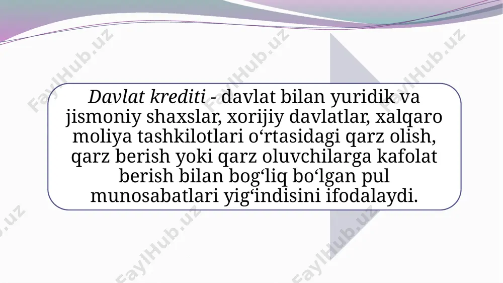 iritish mumkin: mamlakatning oltin-valyuta zaxirasi hisobidan qarzlarni to‘lab borish; kreditorlarning qarzlami to‘lash muddatlarini o‘zgartirishlari, ayrim hollarda ularning ma'lum qismidan voz kechishlariga erishish; qarzlarni mamlakatdagi ko‘chmas mulk, qimmatli qog‘ozlar, kapitalda ishtirok etish va boshqa huquqlari sotish hisobidan to‘lash; xalqaro banklar va boshqa moliyaviy tashkilotlardan yordam olish va h.k. 2.davlat qarzi, uning shakllari. davlat qarzi davlatning ehtiyojlari uchun mablag‘ jalb qilishi natijasida yuzaga keladi. davlat ichki va tashqi manbalardan mablag‘ jalb qilishi mumkin. davlat tomonidan mablag’ jalb qilish - aktivlami jalb etish, bu bo'yicha o'zbekiston respublikasining qarz oluvchi sifatidagi yoki qarz oluvchi- rezidentlaming kreditlarini (qarzlarini) to‘lashga kafil sifatidagi majburiyatlari yuzaga kelishi. davlat tomonidan ichki manbalardan mablag‘ jalb qilish o‘zbekiston respublikasi rezidentlaridan mablag‘lami jalb etish bo‘lib, bu mablag‘lar bo‘yicha davlatning qarz oluvchi yoki qarz oluvchi-rezidentlarning kreditlarini (qarzlarini) to‘lashga kafil sifatidagi majburiyatlari yuzaga keladi. xorijiy manbalardan (xorijiy davlatlar, xalqaro tashkilotlar, xalqaro moliya va iqtisodiy institutlar, chet el hukumatlarining moliya tashkilotlari va mamlakatning boshqa norezidentlaridan) …