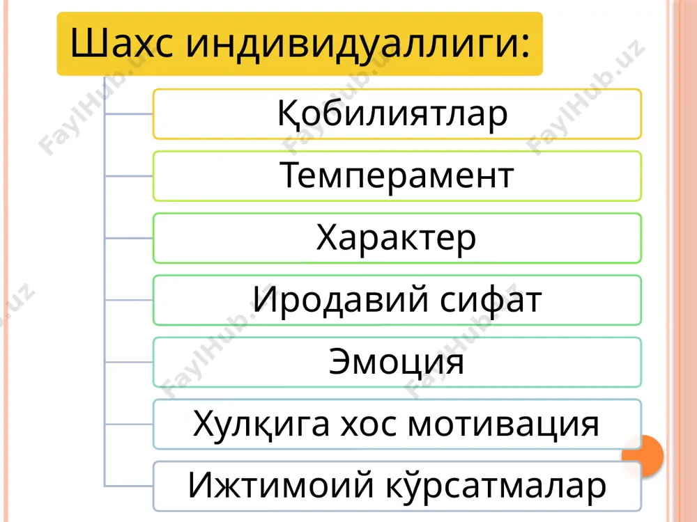инг ички тузилмаси билан бевосита боғлиқ бўлиб, уларнинг намоён бўлиши унинг аниқ вазиятларга муносабатини, экстремал вазиятларда ўзини қандай тутишини белгилаб беради. ўзини босиб олган, хаёт қийинчиликларини сабр-бардош билан кўтарадиган инсонни ьодамлар орасидаги обрўси хам юаланд бўлади. бу унинг ўз-ўзига нисбатан хурматини оширади, ишга, одамларга ва нарсаларга муносабатини такомиллаштириб боришига имкон беради. темпераментнинг яна бир ахамиятли жихати шундаки, у хаётий воқеалар ва вазиятларни, жамиятдаги ижтимоий гурухларни “яхши-ёмон”, “ахамиятли-ахамиятсиз” мезонлари асосида ажратишга имкон беради. яъни темперамент одамнинг ижтимоий объектларга нисбатан “сезгирлигини” тарбиялайди, профессионал махорат ва касб малакасининг ошиб боришига ёрдам беради. темперамент турлари: сангвиник холерик меланхолик флегматик кундалик хаётимизда “характер” сўзи кўп ишлатиладиган сўзлардан. уни биз доимо бировларга бахо бермоқчи бўлсак, ишлатамиз. бу сўзнинг маъносини олимлар “босилган тамға” деб хам изохлашади. характер – шахсдаги шундай психологик, субъектив муносабатлар мажмуики, улар унинг борлиққа, одамларга, предметли фаолиятга хамда ўз-ўзига муносабатини ифодалайди. демак, “муносабат” тушунчаси характерни тушунтиришда асосий хисобланади. характернинг икки компоненти: эмоционал-когнитив – борлиқ …