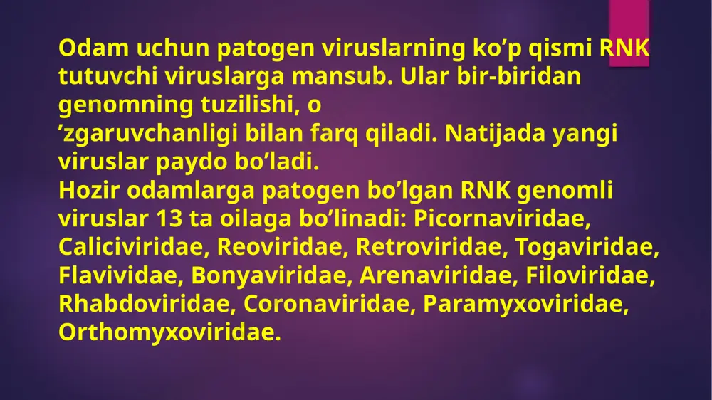 ilguncha 10-chi kun 14-chi kunida toshmalar toshadi toshmalar bosh kismdan boshlanadi temperatura koʼtarilishi 7-8 kun davom etadi аsorati: bronxit, pnevmoniya, otit qizamiq kasalligida sklerit va konʼyunktivit immuniteti kasallikdan soʼng qatʼiy immunitet qoladi laboratoriya diagnostikasi 95 % kasallarda ogʼiz lunjida filatov – koplik dogʼlari uchraydi if qoʼllaniladi burun - halqumdan yuvindi olinib hujayra kulturasiga yuqtiriladi va virus ajratib olinadi serologik usul: ifа, kbr, nr, gаtr ortomikroviruslar oilasi gripp — virus tabiatli o’tkir infektsion respirator (nafas yo’llari) kasalligidir. gripp virusi juda yuqumli — ya’ni, uning ko’p hollarda inson tanasiga kirishi kasallikning rivojlanishiga olib keladi. kasallik tana haroratining ko’tarilishi bilan birga kechadi va ko’pincha 3-5 kundan umumiy holat yaxshilanadi. paramikroviruslar oilasi gripp (frans. grippe), inflyuensa ((ital. inﬂuenza, lot. inﬂ uo – tarqalaman) – 1780—82-yilarda gripp yoppasiga tarkalganda unga berilgan nom.) – keng tarqalgan oʻtkir yuqumli virusli kasallik boʻlib, intoksikatsiya va yuqori nafas yoʻllari shilliq qavatini zararlanishi bilan kechadi[1] yaqqol intoksikatsiya kuzatiladi, nerv va …