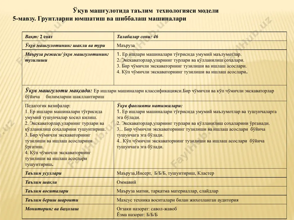 дақиқа 1.1. мавзунинг номи, мақсади ва кутилаётган натижаларни етказиш. машғулот режаси билан таништиради. тинглайдилар, ёзиб оладилар. 2-босқич. асосий 50 дақиқа 2.1. савол-жавоб орқали билимларни фаоллаштиради. 2.2. инсерт усулидан фойдаланиб, талабаларни ер ишлари машиналари тўғрисида умумий маълумотлар тўғрисида билимларини аниқлайди.(1-илова) 2.3. б/б/б усулидан фойдаланиб, экскаваторлар,уларнинг турлари ва қўлланилиш соҳалари тўғрисида кўникмаси-ни аниқлайди(2-илова). 2.4. асосий тушунчаларга таъриф беради. 2.5. кластер ёрдамида ер ишлари машиналари билан бажариладиган ишларни тизимлаштиради (3-илова). жавоб берадилар. ўқийдилар, ёзиб борадилар. тушунчаларни мухокама қиладилар. маълумотларни дафтарга қайд қиладилар. кузатадилар, муҳокама қиладилар. 3-босқич. якуний 15 дақиқа 3.1. мавзу бўйича якун ясайди, ушбу фанни келгусидаги касбий фаолиятларидаги ахамиятини очиб беради. 3.2. мустақил ишни бажариш бўйича тавсиялар беради. савол берадилар. ёзиб оладилар. 1-илова инсерт техникасини қўллаган холда иш юритиш қоидалари матнни ўкинг. қаторларига қалам билан белгилар қўйиб, олинган маълумотларни тизимлаштиринг: v – мавжуд бўлган билимларга мос келади; - - ..ҳақидаги билимларга эътироз билдиради; + - янги маълумотлар ҳисобланади; ? – тушунарсиз қўшимча …