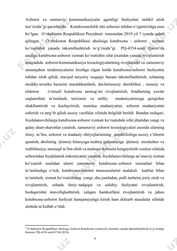 il ta’lim olish va muloqot doirasini kengaytirish vositasi sifatida axborotdan foydalanish imkoniyatini yaratish, foydalanuvchilarga an’anaviy xizmat kо‘rsatish usulidan ularni zamonaviy kutubxona–axborot xizmatlari bilan ta’minlashga о‘tish, kutubxona-axborot muassasalarini malakali kadrlar bilan ta’minlash, xizmat kо‘rsatishning yangi, shu jumladan, pulli turlarini joriy etish va rivojlantirish, sohada ilmiy–tadqiqot va uslubiy faoliyatni rivojlantirish, boshqarishni muvofiqlashtirish, xalqaro hamkorlikni rivojlantirish va jahon kutubxona-axborot faoliyati hamjamiyatiga kirish ham dolzarb masalalar sifatida alohida ta’kidlab о‘tildi. [1: o‘zbekiston respublikasi aholisiga axborot-kutubxona xizmati ko‘rsatishni yanada takomillashtirish to‘g‘risidagi farmoni. pq-4354 sonli.07.06.2019y] [2: o‘zbekiston respublikasi aholisiga axborot-kutubxona xizmati ko‘rsatishni yanada takomillashtirish to‘g‘risidagi farmoni. pq-4354 sonli.07.06.2019y] belgilab berilgan vazifalarni bajarish professional bilimga ega, yuqori malakali va inttellektual salohiyatli kadrlarni talab etadi. kutubxona-axborot muassasalarida kishilar bilan, turli xil adabiyotlar bilan ishlay oladigan, kitob mutolaasini tashkil eta oladigan, ruhiy jihatdan mutolaaga rahbarlik qila oladigan, har bir foydalanuvchiga, aholining har bir qatlamiga pedagogik va psixologik nuqtai nazardan yondosha oladigan, serqirra bilimga ega bо‘lgan xodimlar zarur bо‘ladi. bunday …