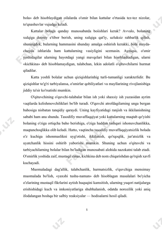 hatto, vaqtincha tasodifiy muvaffaqqiyatsizlik bolada o'z kuchiga ishonmaslikni uyg'otishi, ikkilanish, qo'rqoqlik, jur'atsizlik va uyatchanlik hissini oshirib yuborishi mumkin. shuning uchun o'qituvchi va tarbiyachilarning bolalar bilan bo'ladigan munosabati alohida nazokatni talab etadi. o'smirlik yoshida zaif, mustaqil emas, kichkina deb nom chiqarishdan qo'rqish xavfi kuchayadi. muomaladagi dag'allik, talabchanlik, hurmatsizlik, o'quvchiga mensimay muomalada bo'lish, «yaxshi tushu-naman» deb hisoblagan masalalari bo'yicha o'zlarining mustaqil fikrlarini aytish huquqini kamsitish, ularning yuqori natijalarga erishishidagi kuch va imkoniyatlariga shubhalanish, odatda norozilik yoki aniq ifodalangan boshqa bir salbiy reaksiyalar — hodisalarni hosil qiladi. ayrim o'qituvchilar hayotida muayyan xatolar uchrab turadi. o'qituvchilar (yosh o'qituvchilar nazarda tutilayapti) bir xil o'quvchilami (o'zlashtirayotgan) doim maqtaydilar, boshqalami (o'zlashtirmayotgan) hamisha koyiydilar. buning ustiga o'zlashtirmayotganlarga odatda, o'zlashtirgan sinfdosh-lariga nisbatan tez-tez va qattiq tanbeh beradilar. hatto past o'zlashtiradigan o'quvchilarni javob berishga kamdan-kam taklif qiladilar. mana bunday vaziyatda o'quvchilar bir-birlariga nisbatan qaram bo'lib qoladilar, o'qituvchiga nisbatan norozilik kayfiyati uyg'onadi past o'zlashtirgan o'quvchiga «yomon» baho qo'yiladi, buning ustiga bir …