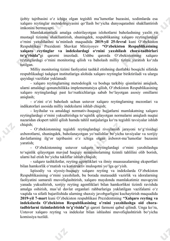 ar tasnifiga ko‘ra, biznes yuritish indeksida top 20 talik islohotchi-mamlakatlar, iqtisodiy erkinlik indeksida davlatda iqtisodiyot asosan erkin bo‘lmagan davlatlar, inson kamoloti indeksi bo‘yicha inson taraqqiyoti darajasi yuqori bo‘lgan davlatlar qatoridan o‘rin oldi. inson huquqlari himoyasini kafolatlash, aholi turmush darajasini oshirish, iqtisodiy faoliyatda erkinlikni ta’minlash, sud-huquq sohasidagi moddiy va protsessual normalarni takomillashtirishga qaratilgan islohotlar mamlakatimizning xalqaro reyting va indekslardagi ko‘rsatkichlari oshishiga sabab bo‘lmoqda. jumladan, so‘nggi to‘rt yil mobaynida mamlakatimiz meros jamg‘armasining “iqtisodiy erkinlik” indeksida 52 pog‘onaga, jahon bankining “logistika samaradorligi” indeksida 19 pog‘onaga, “biznes yuritish” indeksida 18 pog‘onaga ko‘tarildi. o‘zbekiston iqtisodiy hamkorlik va taraqqiyot tashkilotining “mamlakatlarga xos xatarlarni tasniflash” tizimidagi 6-guruh mamlakatlari qatoridan 5-guruh mamlakatlari qatoriga ko‘tarildi. shu bilan birga, ayrim rahbarlar reytinglar bilan ishlashga yetarlicha e’tibor qaratmayotganligi va xalqaro tashkilotlar tomonidan o‘tkazilayotgan so‘rovlarda aksariyat islohotlar o‘z aksini topmayotganligi oqibatida ustuvor xalqaro reyting va indekslarda o‘zbekiston respublikasi quyi pog‘onalarda qolmoqda. o’zbеkistоn rеspublikаsining xаlqаrо rеyting vа indеkslаrdаgi o’rnini yaxshilаsh bоrаsidаgi dаvlаt siyosаti. …