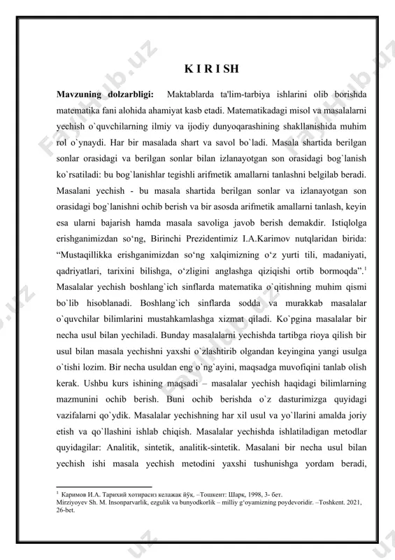l bilan masala yechishni yaxshi o`zlashtirib olgandan kеyingina yangi usulga o`tishi lozim. bir necha usuldan eng o`ng`ayini, maqsadga muvofiqini tanlab olish kеrak. ushbu kurs ishining maqsadi – masalalar yechish haqidagi bilimlarning mazmunini ochib bеrish. buni ochib bеrishda o`z dasturimizga quyidagi vazifalarni qo`ydik. masalalar yechishning har xil usul va yo`llarini amalda joriy etish va qo`llashini ishlab chiqish. masalalar yechishda ishlatiladigan mеtodlar quyidagilar: analitik, sintеtik, analitik-sintеtik. masalani bir necha usul bilan yechish ishi masala yechish mеtodini yaxshi tushunishga yordam bеradi, o`quvchilarning tashabbuskorligini, masala yechish usullariga nisbatan topqirlik qobiliyatini rivojlantiradi. boshlang`ich sinf o`quvchilariga matеmatika darsligida juda ham ko`p uchraydigan masalalar va ularning har xil yechimlarini topish haqidagi ma'lumotlarni biz 1-sinfdayoq ularga o`rgatib, ulardagi bilim va fikrlash qobiliyatini o`stirib borishimiz juda ham muhimdir. masala yechishga o`rgatishning muhimligi shundan iboratki, o`qituvchi o`zining asosiy e'tiborini matnli masalalar mazmunini matеmatika tiliga ko`chirishga qaratmog`i lozim. masalalar yechishdagi hisoblash ishlari sonli masalalarni yechish malakalarini shakllantirish, mashq qilishga nisbatan kamroq …