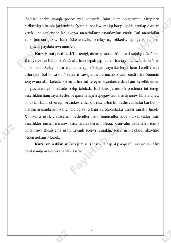 egen zıyankeslerge hám keselliklerge ushıraydı, bul bolsa onıń salamat rawajlanıwına unamsız tásir etedi hám ónimniń azayıwına alıp keledi. sonıń ushın tut teregin zıyankeslerden hám keselliklerden qorǵaw áhmiyetli másele bolıp tabıladı. bul kurs jumısınıń predmeti tut teregi kesellikleri hám zıyankeslerine qarsı nátiyjeli qorǵaw usılların úyreniw hám talqılaw bolıp tabıladı.tut teregin zıyankeslerden qorǵaw ushın bir neshe qatnaslar bar bolıp, olardıń arasında ximiyalıq, biologiyalıq hám agrotexnikalıq usıllar ajıralıp turadı. ximiyalıq usıllar, máselen, pesticidler hám fungicidler arqalı zıyankesler hám kesellikler menen gúresiw imkaniyatın beredi. biraq, ximiyalıq zatlardıń nadurıs qollanılıwı ekosistema ushın zıyanlı bolıwı múmkin, sonıń ushın olardı abaylılıq penen qollanıw kerek. kurs isınıń dúzilisi:kurs jumisi. kirisiw, 2 bap, 4 paragraf, juwmaqlaw hám paydalanılǵan ádebiyatlardan ibarat. i-bap. tut teregi ziyankeshileri hám kesellikleri. 1.1 tut teregine qáwip salıwshı tiykarǵı zıyankes túrleri. tut teregi áyyemnen insaniyatqa xızmet etip kiyatırgan áhmiyetli tereklerden biri esaplanadı. ásirese, pilleshilikte tut tereginiń japıraqları eń áhmiyetli azıqlıq dáregi bolıp xızmet etedi. biraq bul …