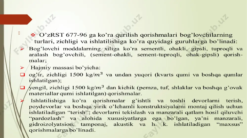 va 40 ming tonna “rotband” suvog‘i ishlab chiqarish quvvatiga ega. 2022 yilda tashkil etilgan. boshqa korxonalar: “kristall gips” (dahana qaqir shaharchasi) “dahanasoy gips” (g‘aniobod qfy) “sho‘rsuv barkamol tongi” (sho‘rsuv shaharchasi) “arabella class gips” (qo‘qon sh.) “vodiy gips” (sho‘rsuv shaharchasi) toshkent viloyati “ko‘hi-nur jilosi” xususiy korxonasi: chirchiq shahrida joylashgan. “sizod stroy master” mchj: yuqorichirchiq tumanida faoliyat yuritadi. “ohangaron bunyodkor ta‘min” mchj: ohangaron tumanida joylashgan. “tot-group” xususiy korxonasi: bo‘ka tumanida faoliyat yuritadi. samarqand viloyati “filler star” oilaviy korxonasi: tayloq tumanida joylashgan. gips zahiralari haqida umumiy ma'lumot gips zahiralari miqdori: 2024-yilgi rasmiy hisobotlarga ko‘ra, o‘zbekistonda gips zahiralari 10 million tonnaga baholangan. o‘zbekiston dunyoda gips ishlab chiqaruvchi yetakchi davlatlardan biri hisoblanadi . asosiy ohaktosh konlari va zahiralari navoiy viloyati zaxiralar: viloyatda 6 ta ohak uchun ohaktosh koni mavjud bo‘lib, ularning umumiy zahirasi 114,9 million tonnani tashkil etadi. farg‘ona viloyati ishlab chiqarish hajmi: 2024-yilning yanvar-sentabr oylarida o‘zbekistonda yirik korxonalar tomonidan 474,7 ming tonna ohaktosh ishlab …