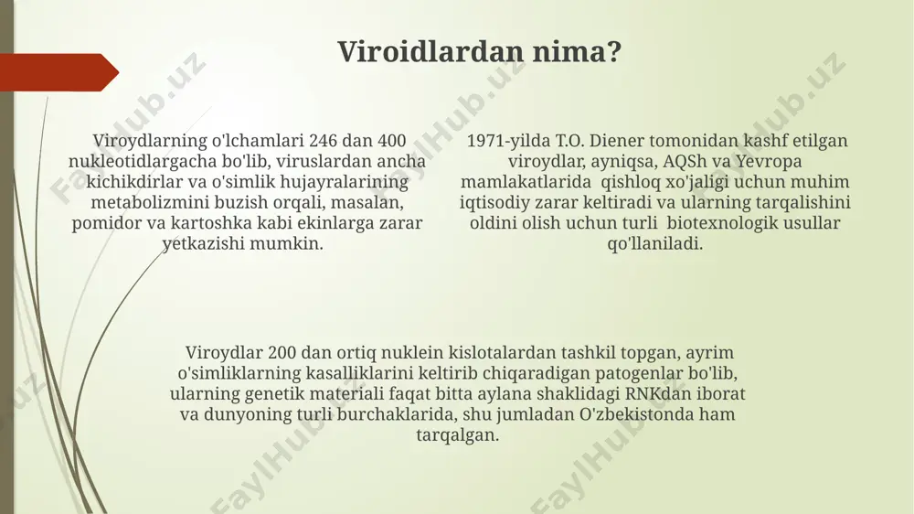 aligi uchun jiddiy muammodir. o'simliklarda virooidlarning infektsiyasi 100 dan ortiq turdagi o'simliklarga, jumladan, pomidor, kartoshka va tamaki ekinlariga, jahonning turli mintaqalarida, masalan, kaliforniya va avstraliyada katta iqtisodiy zarar yetkazishi mumkin. davolash va profilaktika choralari o'simliklarni sertifikatlashtirish orqali, masalan, 2023-yilda qashqadaryo viloyatida o'tkazilgan tekshiruvlar natijalariga ko'ra, viroidlar bilan kasallangan o'simliklar sonining 15% ga kamayganligi kuzatildi. dunyoning 50 dan ortiq mamlakatida, jumladan o'zbekistonning andijon viloyatida ham, viroidlarga qarshi kurashda integratsion yondashuv, ya'ni agrotexnik va kimyoviy usullarni birgalikda qo'llash samarali natijalar bermoqda. virussiz ekish materialidan foydalanish va 0,1% li xlorli ohak eritmasi bilan dezinfektsiyalash kabi profilaktika choralari viroidlar tarqalishini sezilarli darajada 30% ga kamaytirishi mumkin. viroidlarning genetikasi viroidlarning genetik matni faqat bitta rnk molekulasidan tashkil topgan boʻlib, bu molekula oʻziga xos ikkilamchi tuzilmalar hosil qiladi, masalan, qoʻshimcha halqalar va soch iplari, bu esa ularning replikatsiyasi va patogenligi uchun muhim ahamiyatga ega. viroidlarning koʻpgina turlari, masalan, potato spindle tuber viroidi (pstvd) shimoliy amerikada keng …