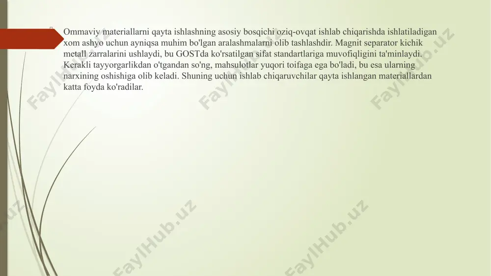 javob beradi. ular o'zlarining magnit xususiyatlariga ko'ra quyma materiallarni samarali ravishda ajratib turadilar va namlik darajasi 5% gacha bo'lgan holda ishlashi mumkin. magnit separatorlarning turlari va tasnifi temir separatorlari chiqindilarni saralash va qayta ishlash zavodlarida faol rol o'ynaydi, turli texnologiyalar va maxsus tasniflarga moslashtirilgan magnitlardan foydalanadi. keling, ularning o'ziga xos xususiyatlarini ko'rib chiqaylik. baraban tipidagi magnit separator oddiy, ammo samarali dizaynga ega bo'lib, uni turli sohalarda foydalanishga yaroqli qiladi. metall baraban ichida magnit maydon hosil qiluvchi tizim o'rnatilgan. aylanish elektr motor-reduktor tomonidan boshqariladi. mahsulotlar saralash sektoriga tarmoqli konveyer orqali yoki to'g'ridan-to'g'ri axlat qutisidan kiradi. tozalash algoritmi quyidagicha: metall zarralar ishchi elementning ish maydoniga kiradi va tortiladi. metall bo'lmagan material u orqali o'tadi va pastki rezervuarga tushadi. chiqindilar tortishish kuchi ta'sirida lenta bo'ylab harakatlanishda davom etadi. barabandan olib tashlangandan so'ng, aralashmalar patnisga yig'iladi. keyin tsikl takrorlanadi, chunki quyma materiallar konveyer tasmasiga qaytariladi va baraban tomon harakatlanadi. nam turdagi magnit separator baraban …