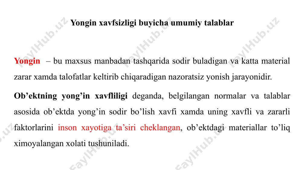 modda va materiallarning yonish tezligini xisobga olish koeffitsienti, kg/m3*soat. ushbu koeffitsient benzin uchun n=15; rezina, orgsteklo uchun n=35, avtomobil shinasi uchun- 40, yogoch materiallar uchun- 65. ma’lumki, yonginni uchirishga nisbatan uni oldini olish xam oson, xam foydalidir. shu sababli, xar bir mutaxassis, xar bir xodim ishlab chiqarishdagi yongin sabablarini bilishi, yong‘in xavfsizligi qoidalariga to‘lik rioya qilishi va yong‘inni oldini olishga qaratilgan tadbirlarni amalga oshirishi zarur. shunga bog‘lik xolda, gost 12.1.004-85 bo’yicha, ob’ektning yongin xavfsizligi-yong‘inni oldini olish sistemasi, yong‘inga qarshi ximoya sistemasi va tashkiliy-texnik tadbirlar orqali ta’minlanadi. yong‘inni oldini olish sistemasi yong‘inni oldini olish sistemasi- yong‘in sodir bulish sharoitlarini bartaraf etishga qaratilgan tashkiliy tadbirlar va texnik vositalar majmuidan iboratdir. ushbu tadbirlar ishlab chiqarishda mumkin qadar ko‘proq yonmaydigan va qiyin yonadigan materiallarni ishlatish, texnologik jarayonlarni maksimal darajada mexanizatsiyalash va avtomatlashtirish, yong‘inga xavfli qurilmalar o’rnatilgan xonalarni yonmaydigan materiallar bilan boshqalardan ajratish yoki ularni mumkin qadar tashqarida o’rnatish, yonuvchi moddalar uchun germetik idishlar va …