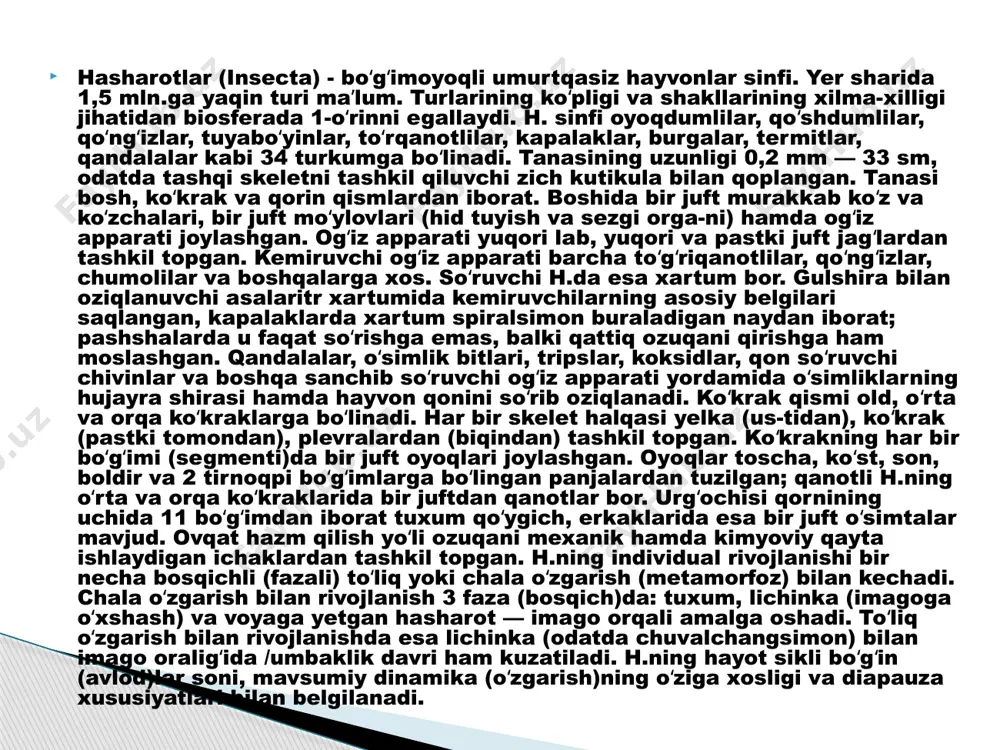 aza qilish va boshqa funksiyalarni bajaradi. hasharotlar tana qoplag’ichining rangi har bir tur uchu idividual xususiyatga ega. tana rangi ko’pincha gepodermadagi bo’yovchi pigmentga bog’liq. ayrim hasharotlar yoki ularning qurtlari rangiga ichki organlar va tana suyuqligi rangi ham katta tasir ko’rsatadi. maslan ayrim shira bitlari, kapalaklar qurtining yashil rangi, xironomus pashshalari qurtlarining qizil rangi gemolenfa suyuqligidagi gemoglabin bilan bog’liq. ayrim kapalaklar, qo’ng’izlar va boshqa hasharotlarning xilma xil tovlanadigan rangi pigment bilan emas balki, juda yupqa ko’p qavatli xitin plastinkalarning tana sirtiga nisbatan har xil burchak hosil qilib joylashishiga bog’liq,hasharotlar tanasining rangi ularni boshqa yirtqich hayvonlardan yashirishga imkon beradi. tana rangi zaharli hasharotlar uchun ogohlantirish vazifasini o’taydi. hasharotlarning tana qoplag’ichida hid taratish, mum ishlab chiqarish va tullash bezlari bor. hid bezlari bir hujayrali yoki ko’p hujayrali bo’ladi: tananing turli joylarida joylashadi va turli vazifalarni bajaradi. kapalaklarda bunday bezlar maxsus tangachalar yoki qillar bilan bog’langan. suvaraklarning hid bezlari qorin bo’limining orqa tomonida joylashgan. …