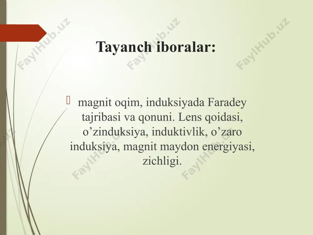 ok kuchiga proporsional, ya`ni: ф = li, induktivlik deganda, konturdan bir birlik tok oqib o’tganda yuzaga keladigan magnit oqimi tushuniladi va u konturning shakli, o’lchamlari va kontur joylashgan muhitning magnit singdirvchanligiga bog’liq. si sistemasida induktivlikning o’lchov birligi . 5. o’zaro induksiya. o`zaro induksiya hodisasi shundan iboratki, biror konturdagi tokning kuchi o`zgarganda bu tokning o`zgaruvchan magnit maydoni qo`shni konturlarda e.yu.k. ni hosil qiladi. 2 = - l21 (di1/dt) l21 koeffitsent 2 kontur bilan 1 konturning o`zaro induksiya koeffitsiyenti deyiladi. 6. magnit maydon energiyasi va uning zichligi. tok oqayotgan o`tkazgichlar atrofida doimo magnit maydon hosil bo`ladi va tok o`tishi to`xtashi bilan magnit maydoni ham yo`qoladi. demak, tok energiyasining ma`lum bir qismi o`tkazgich atrofida magnit maydonni hosil qilishga sarflanadi. induktivligi l bo`lgan konturdan i tok kuchi oqayotgan bo`lsin. o`tkazgich atrofidagi oqim tokka proporsional bo`ladi, ya`ni dф=l.di. magnit oqimi dф ga ortishi uchun da = idф = lidi ish bajariladi. u holda ф magnit …