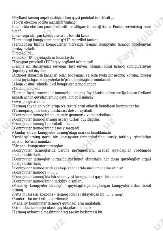angan kompyuterda … bo'lishi kerak ?tarmoqdagi kompyuterning to'g'ri ip-manzilini tanlang ?tarmoqdagi barcha kompyuterlar markazga ulangan kompyuter tarmog'i topologiyasi qanday ataladi ?protokol bu ... ?protokol (ip) quyidagilarni ta'minlaydi: ?transport protokoli (tcp) quyidagilarni ta'minlaydi. ?barcha ish stantsiyalari serverga (fayl serveri) ulangan lokal tarmoq konfiguratsiyasi (topologiyasi) deyiladi ?axborot almashish kanallari bilan bog'langan va bitta (yoki bir nechta) xonalar, binolar ichida joylashgan kompyuterlar to'plami quyidagicha nomlanadi: ?aloqa vositasi sifatida lokal kompyuter tarmoqlaridan ?tarmoq protokoli: ?tarmoq foydalanuvchilari tomonidan umumiy foydalanish uchun mo'ljallangan fayllarni saqlash uchun quyidagilarning qaysi biri qo'llaniladi? ?www.google.com bu ?tarmoq foydalanuvchilariga o'z resurslarini etkazib beradigan kompyuter bu: ?tarmoqning markaziy mashinasi deb … aytiladi. ?kompyuter tarmog'ining umumiy geometrik xarakteristikasi: ?kompyuter tarmoqlarining asosiy turlari quyidagilar: ?kompyuter tarmog'i protokoli – bu... ?kompyuter tarmog'ining asosiy maqsadi: ?qanday server kompyuter tarmog'idagi markaz hisoblanadi: ?quyidagilarning qaysi biri kompyuter tarmoqlarining asosiy tarkibiy qismlariga tegishli bo'lishi mumkin: ?birinchi kompyuter tarmoqlari: ?kompyuter tarmoqlarida barcha ma'lumotlarni uzatish quyidagilar yordamida amalga oshiriladi. ?kompyuter tarmoqlari …