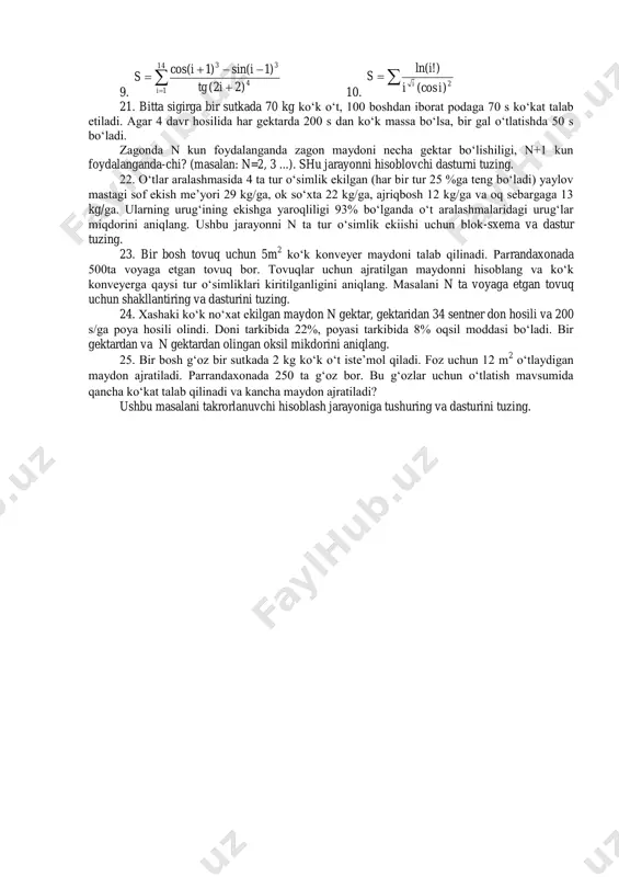 da 1,2 tonna kunjara nechta sog‘in sigirga berilishini aniklash masalasini tarmoqlanuvchi hisoblash jarayoniga moslang va dasturini tuzing. 15. agar silos transheya qirg‘oqlaridan past yoki teng bo‘lsa bostirilgan silosning miqdorini aniqlang. transheya tubining uzunligi 15 metr, transheyaning silos bilan teng yuzasining uzunligi 17 metr, transheya tubining kengligi 10 metr, transheyaning silos bilan teng yuzasining kengligi 2 metr bo‘lsa silosdan transheya tubigacha bo‘lgan chuqurlik 3,5 metr. 66. xo‘jalikda 50 gektar maydonga makkajo‘xori don uchun ekilgan. gektaridan 40 sentner don hosili olinadi. makkajo‘xorining 100 kg donida 134 ozuqa birligi bor. bir gektardan va 50 gektardan olinadigan ozuqa birligini hisoblang. 77. baland, tepasi yumaloq, balandligi kengligidan katta g‘aramning hajmini toping. faram balandligi 6,5 metr, kengligi 5 metr, uzunligi 7 metr. 18. bedaning ko‘k massa hosili: birinchi yili 120, ikkinchi yili 650 va uchinchi yili 800 s/ga bo‘lgan. ko‘k bedadan 30% beda pichani chiqishini e’tiborga olib, bir gektar erdagi beda pichanini aniqlang. 19. makkajo‘xori sut-mum …