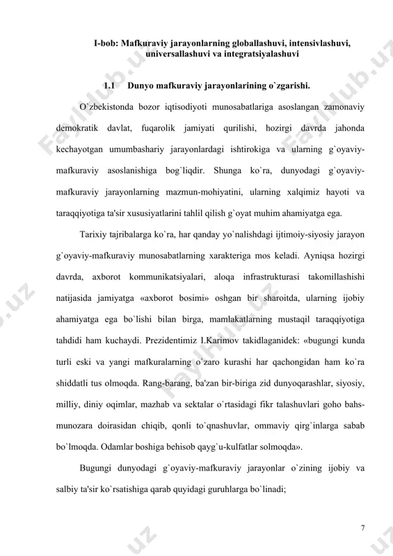 ana shu jarayonlar bilan bog`liq jiddiy o`zgarishlar ro`y bеra boshladi. ilgari oddiy fuqarolar, hatto mutaxassislar tasavvur etolmagan hodisalar sodir bo`lishi tufayli dunyoning siyosiy qiyofasi o`zgarib, barcha davlatlarda ijtimoiy-iqtisodiy, ma'naviy-mafkuraviy sohalarda yangi sifat o`zgarishlariga sabab bo`ldi. xususan, aloqa vositalarining rivojlanishi, ularning kompyutеrlashtirilishi, elеktron pochta, intеrnеt, kosmik tеlеradioaloqa tizimlarining tеxnik-tеxnologik vositalari kuchayib kеtishi bilan axborot almashuvi, binobarin g`oyaviy ta'sir o`tkazish imkoniyatlari ham tobora kеngaymoqda. g`oyaviy-mafkuraviy jarayonlarning globallashuvida bir-biridan tubdan farq qiladigan ikki yo`nalish, tеndеntsiya namoyon bo`lmoqda. birinchidan, insoniyat sivilizatsiyasi tarixida erishgan har qanday moddiy va ma'naviy qadriyatlarning umuminsoniy jihatlari tarixiy makon doirasidan chiqib, baynalminallashib, univеrsallashib bormoqda. boshqacha aytganda, milliylik va umuminsoniylik tamoyilining intеgratsiyalashuv jarayoni kеchmoqda. ikkinchidan, millatlar va davlatlarning ijtimoiy, iqtisodiy, siyosiy, ma'naviy-madaniy rivojlanishidagi bеqarorlik, ular manfaatlaridagi o`ziga xoslikni mutlaqlashtirish insoniyatga, shu jumladan, o`z millatining kеlajagiga xavf tug`diradigan salbiy hodisalarning mafkuralashgan holda globallashuviga olib kеlmoqda. bu xalqaro tеrrorizm, ekstrеmizm, fundamеntalizm va narkobiznеs hodisalarida namoyon bo`lmoqda. biron - bir hudud yoki mamlakatda paydo …