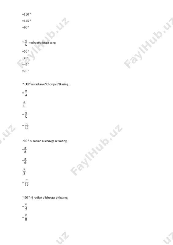 vishda 6 va 8, ular orasidagi burchagi 300 teng. uning yuzini toping. = 12 = = ?uchburchakning tomonlari 5, 6 va 7 ga teng bo‘lsa, uning yuzini toping. = = = ?uchburchakning tomonlari 6, 8 va 10 ga teng bo‘lsa, uning yuzini toping. =48 24 =80 =60 ?to‘g‘ri burchakli uchburchakning kateti 8 ga, gipotenuzasi 10 ga teng bo‘lsa, uning yuzini toping. 24 =30 =80 =48 ?qavariq to‘rtburchakning ta burchagining yig‘indisi ga teng. uning turtinchi burchagini toping. = = = ?qavariq to‘rtburchakning ta burchagining yig‘indisi ga teng. uning turtinchi burchagini toping. = = = ?to‘rtburchakning burchaklari o‘zaro 3:4:5:6 nisbatda. to‘rtburchakning kichik burchagini toping. = = = ?to‘g‘ri turtburchakning tomonlari 5 va 10 ga teng bo‘lsa, uning yuzi va perimetrini toping. 50 va 30 =20 va 40 =30 va 40 =20 va 20 ?qavariq to‘rtburchakning diagonallari 16 va 30 ga teng bo‘lib, ular li burchak tashkil qiladi. to‘rtburchakning yuzini toping. ?to‘g‘ri to‘rtburchakning …