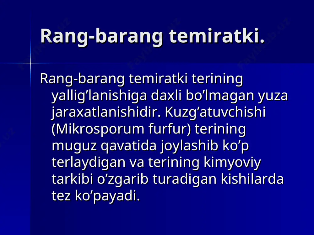 si bosh qismidagi sochli dermatofitiyasi: kulrang dog’. bosh qismidagi sochli dermatofitiyasi: «qora dog’lar» bosh qismidagi sochli dermatofitiyasi: kerion bosh qismidagi sochli dermatofitiyasi: favus soch soqol dermatofitiyasi soch soqol dermatofitiyasi distal-lateral tirnoq osti onixomikozi distal-lateral tirnoq osti onixomikozi proksimal tirnoq osti onixomikozi total distrofik onixomikoz: spid bilan kasallangan bemorda teri burmalari kandidozi teri burmalari kandidozi barmoqlararo kandidoz kandidoz balanopostit kandidozli vulvit shilliq qavat kandidozi kandidozning kam uchraydigan joyi mitsetoma – chuqur mikoz xromomikoz sporotrixoz: sporotrixozli shankr sporotrixoz: limfangiit kriptokokkoz: desseminirli infeksiya kriptokokkoz: flegmona gistaplazmoz blastomikoz koksidioidoz