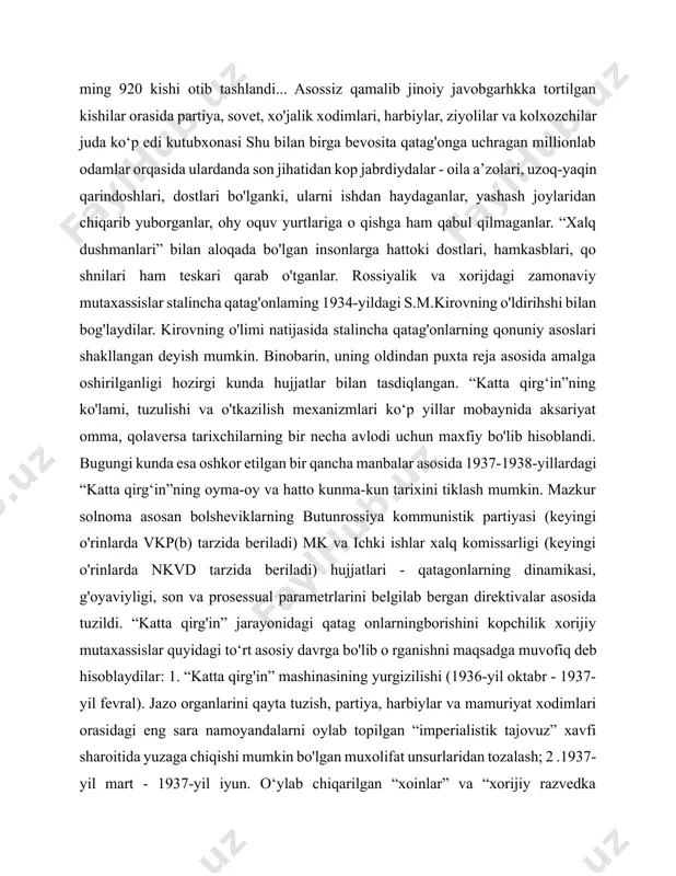 rda “siyosiy muhojirlar ko'payib, ulaming bir qismi bevosita kapitalistik davlatlarning razvedka va polisiya idoralarining josuslari ekanligi” bahona qilinib, kommunistlarga sssr hududiga kirish uchun ruxsatnoma olish jarayonlari o‘ta murakkablashtiriladi, siyosiy muxojirlarning barchasi qayta ro'yxatdan o'tkaziladi, mk qoshida n.i.ejov raisligida “antisovet va josus unsurlardan tozalash” maxsus komissiyasi tuziladi. kutubxonasi - 1936-yil 25-mart. sssrichki ishlarxalqkomissari g.g.yagoda vkp(b) mic siyosiy byurosiga “badarga qilingan va faol mehnat bilan mashg'ul bo'lgan barcha trotskiychilarni qamash va uzoq lagerlarga jonatish, partiya hujjatlari so'nggi tekshiruvida vkp(b) safidan ochirilgan trotskiychilarni alohida ajratib olib, nkvd qoshidagi maxsus kengash qarori bilan uzoq lagerlarga 5 yil muddatga surgun qilish hamda “terrorchilikka aloqador” deb topilganlarni otish” haqida taklif kiritdi.- 1936-yil 28-aprel. sssrxalq komissarlari soveti “ussrdan 15000 polyak va nemis xo'jaliklarini kochirib, qozog'iston assrning qaraganda oblastida xo'jaliklar sifatida joylashtirish haqida”gi qarori chiqarilgan. majburiy kochirishning sababi sifatida, chegaraga yaqin hududlarni ishonchsiz unsurlardan tozalash ko'rsatilgan. jami 69283 kishi kochirilgan.- 1936-yil 20-may. mk siyosiy byurosining trotskiychilami qatagon qilish …
