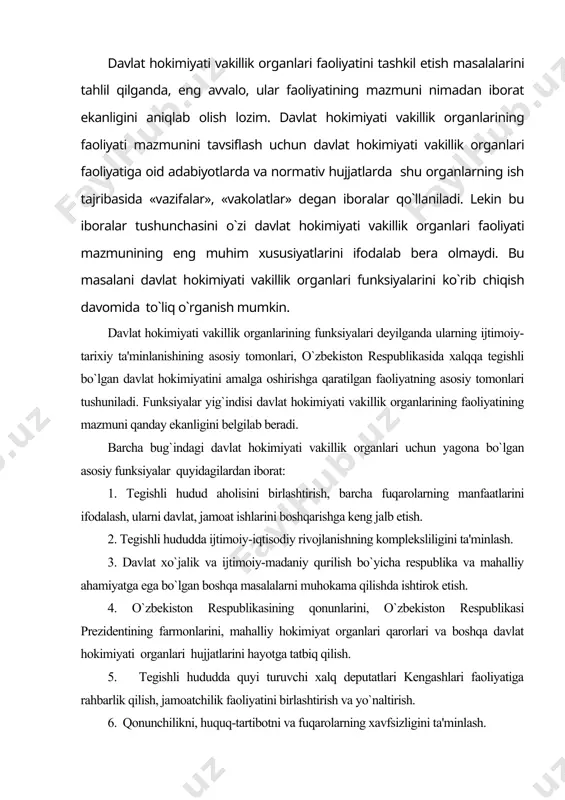 iyat organlari qarorlari va boshqa davlat hokimiyati organlari hujjatlarini hayotga tatbiq qilish. 5. tegishli hududda quyi turuvchi xalq deputatlari kengashlari faoliyatiga rahbarlik qilish, jamoatchilik faoliyatini birlashtirish va yo`naltirish. 6. qonunchilikni, huquq-tartibotni va fuqarolarning xavfsizligini ta'minlash. 2-. davlat hokimiyati vakillik organlarining funksiyalari davlat hokimiyati vakillik organlarining xo`jalik va ijtimoiy-madaniy qurilish sohasidagi funksiyalari. davlat hokimiyati vakillik organlari iqtisodiyotga rahbarlikni amalga oshirganda e'tibor bozor munosabatlarini rivojlantirishga qaratilgan bo`lishi lozim. o`zbekiston iqtisodiyotining negizini xilma-xil shakllardagi mulk tashkil etishini hisobga olgan holda hududlarda davlat tasarrufidagi korxonalardan tashqari xususiy mulkchilikka asoslangan korxonalar vujudga kelmoqda va rivojlanmoqda. davlat hokimiyati vakillik organlarining birinchi navbatdagi vazifalari shu hududda yashayotgan barcha fuqarolarni ularning ayrim guruhlari manfaatlari bilan uyg`unlashtirib olib borishdir, tegishli hududda muhofaza qilinishini ta'minlaydilar. davlat hokimiyati vakillik organlari iqtisodiyotga rahbarlikni reja asosida amalga oshiradilar. konstitutsiyaga muvofiq o`zbekiston respublikasi oliy majlisi palatalari bu sohada istiqbolga mo`ljallangan dasturlarni qabul qiladi. shuningdek, viloyat, tuman va shahar xalq deputatlari kengashlari tegishli hududni rivojlantirishning …